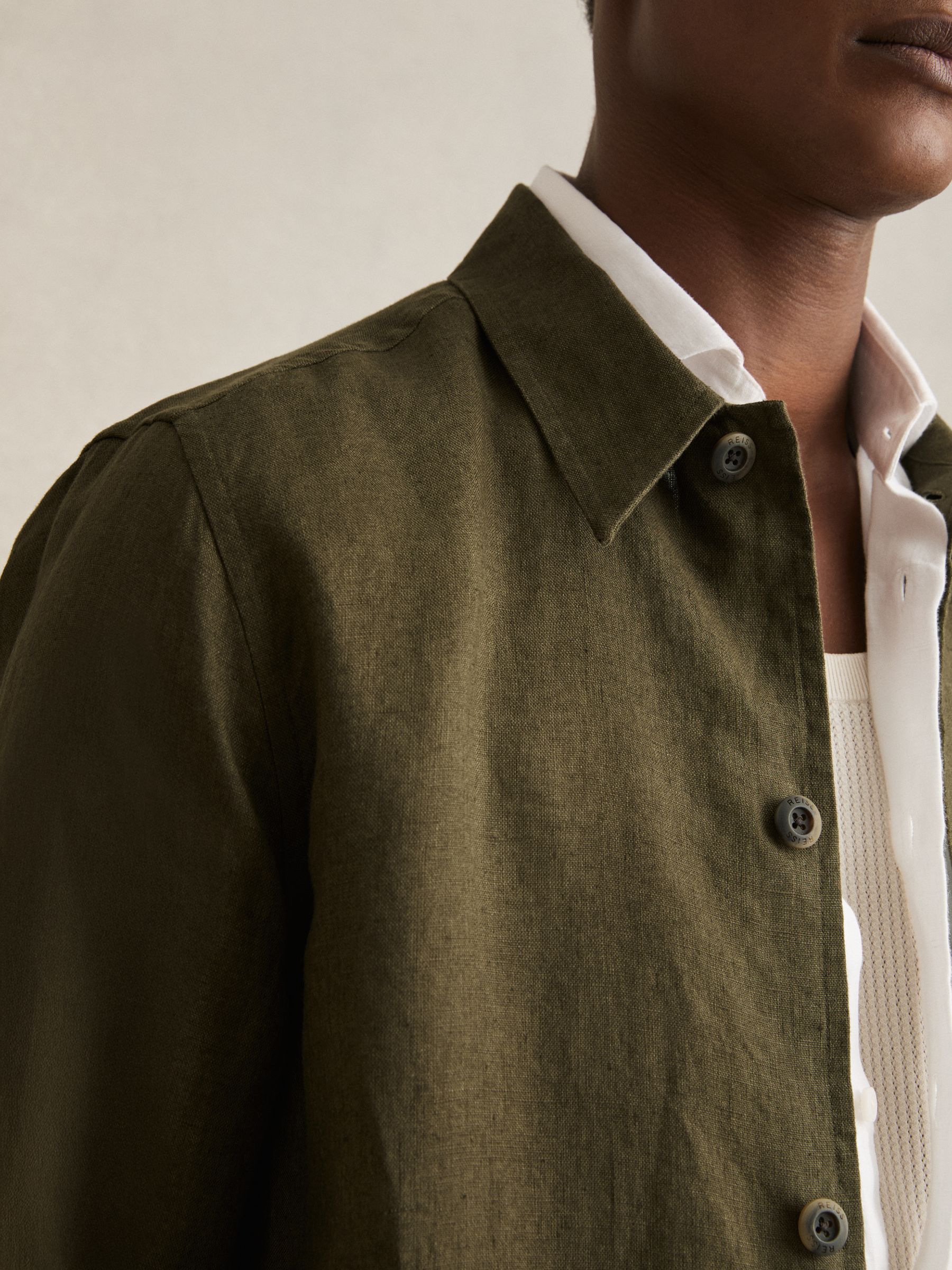 Linen Worker Jacket in Khaki - Image 4 of 7