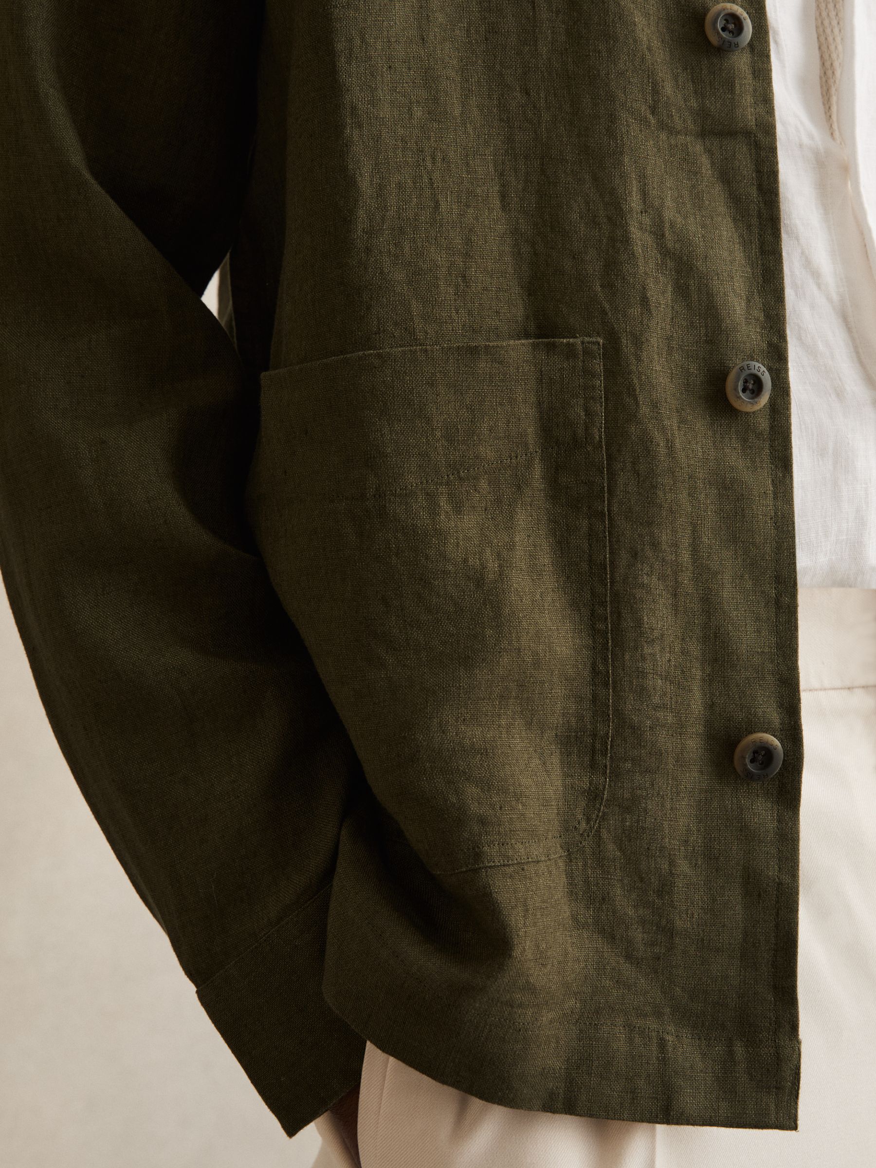 Linen Worker Jacket in Khaki - Image 6 of 7