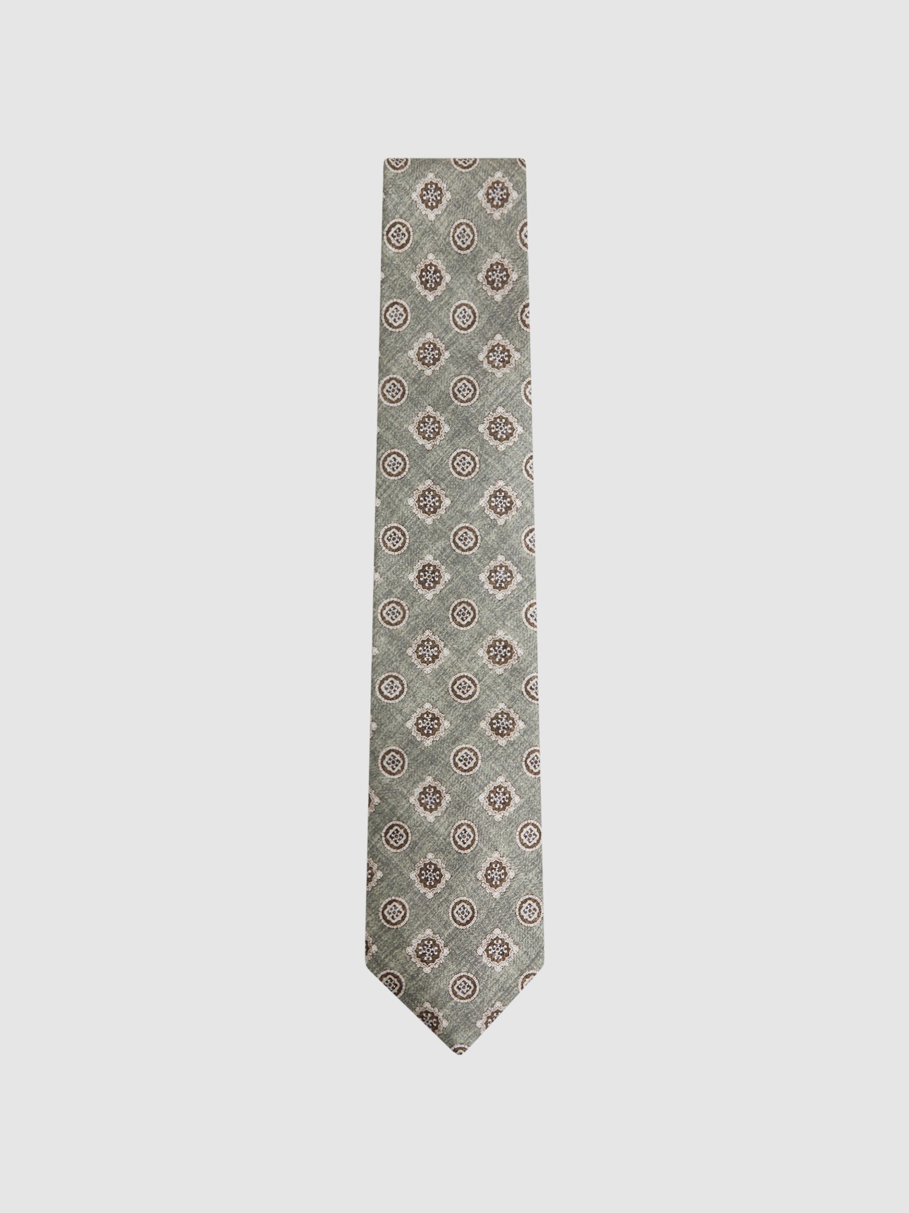 Silk Medallion Print Tie in Sage Melange - Image 1 of 5