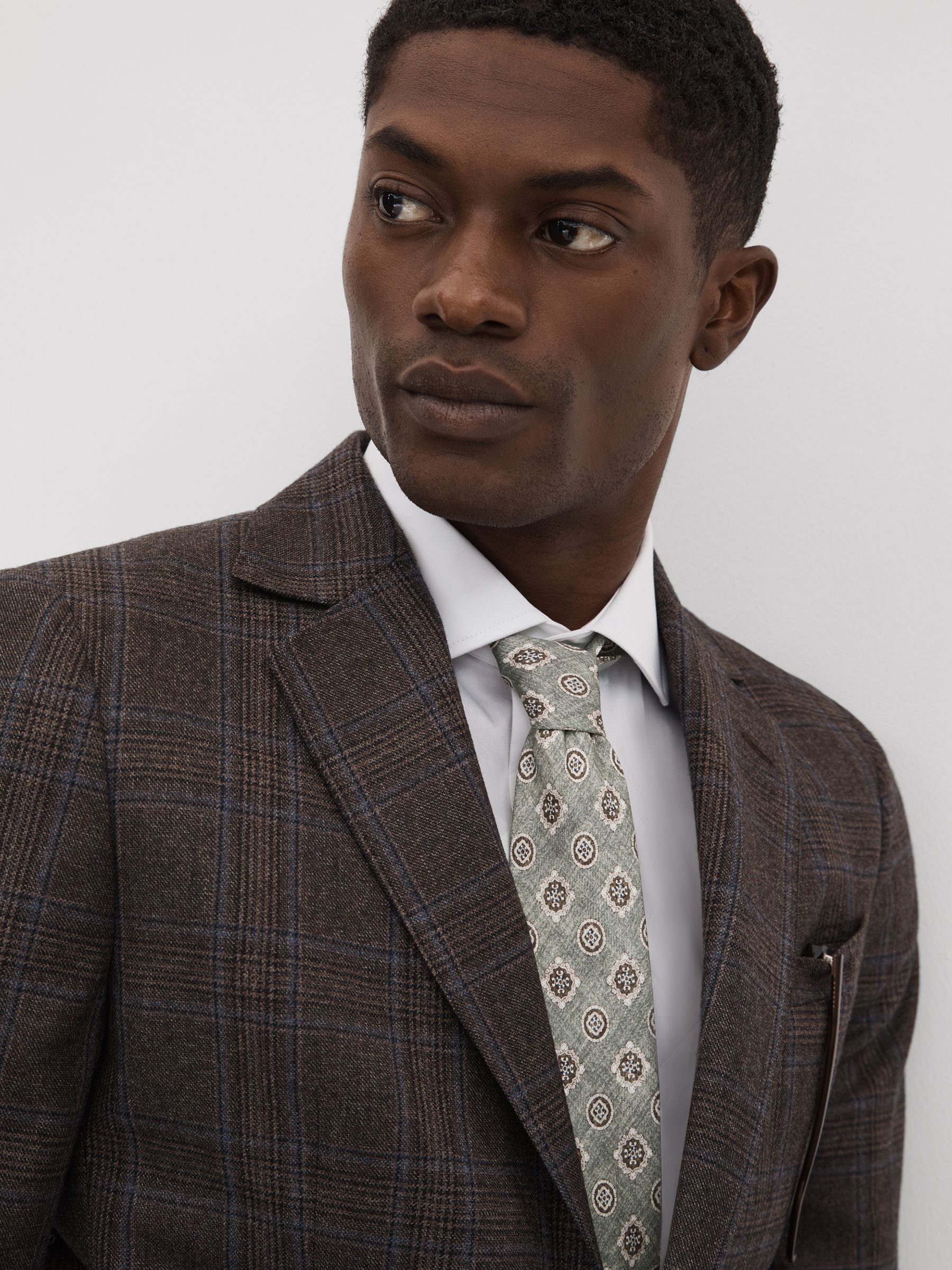 Silk Medallion Print Tie in Sage Melange - Image 2 of 5