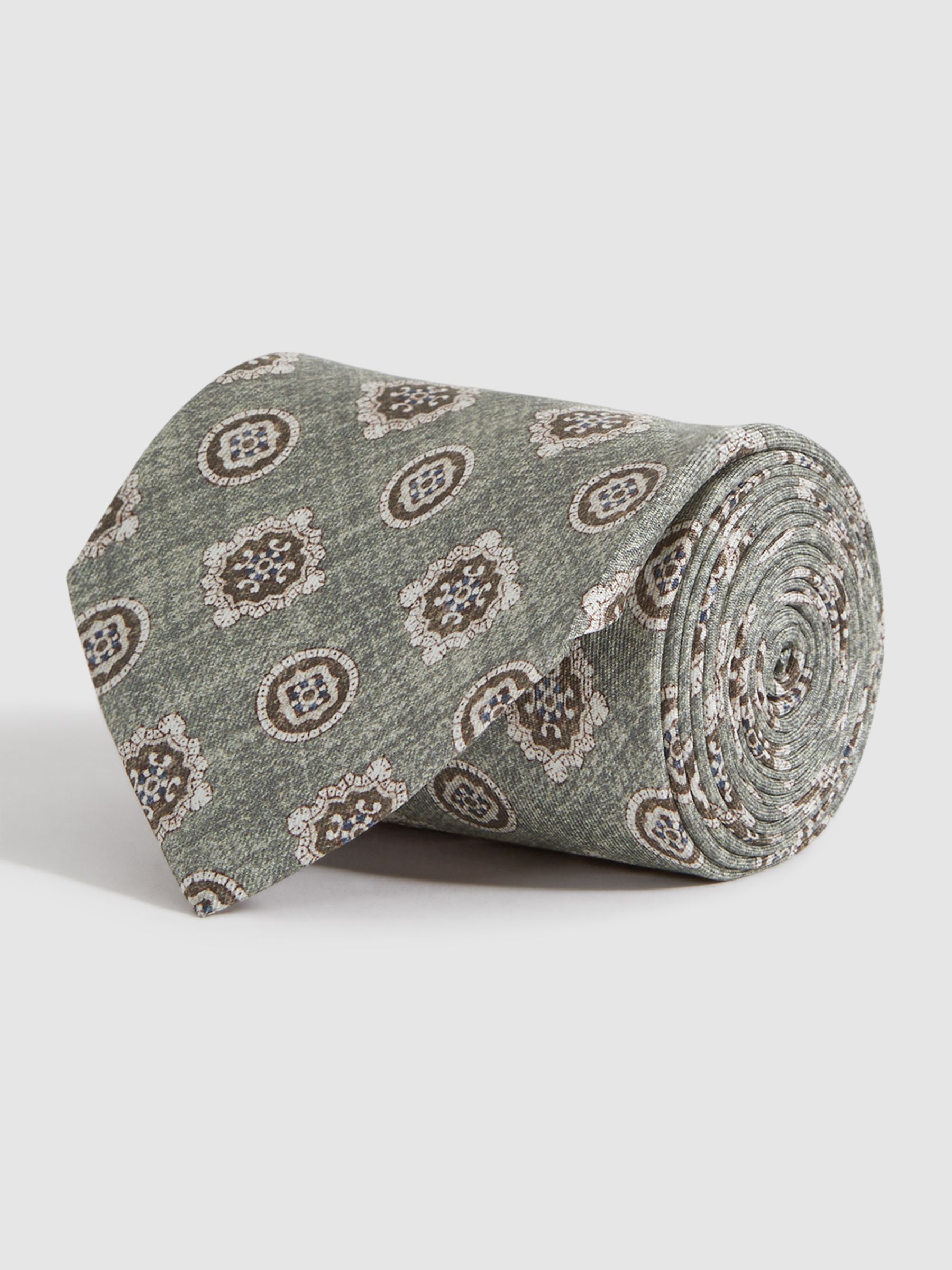 Silk Medallion Print Tie in Sage Melange - Image 3 of 5
