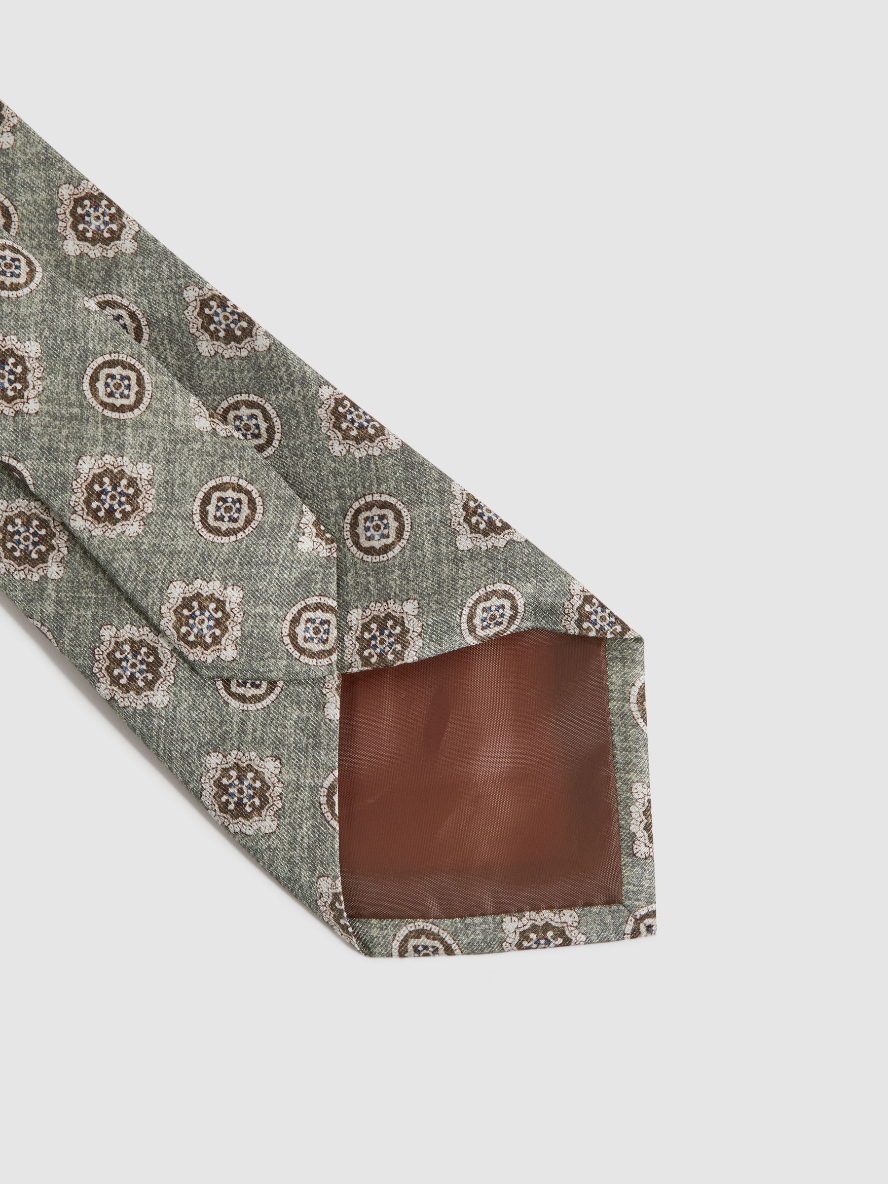 Silk Medallion Print Tie in Sage Melange - Image 5 of 5