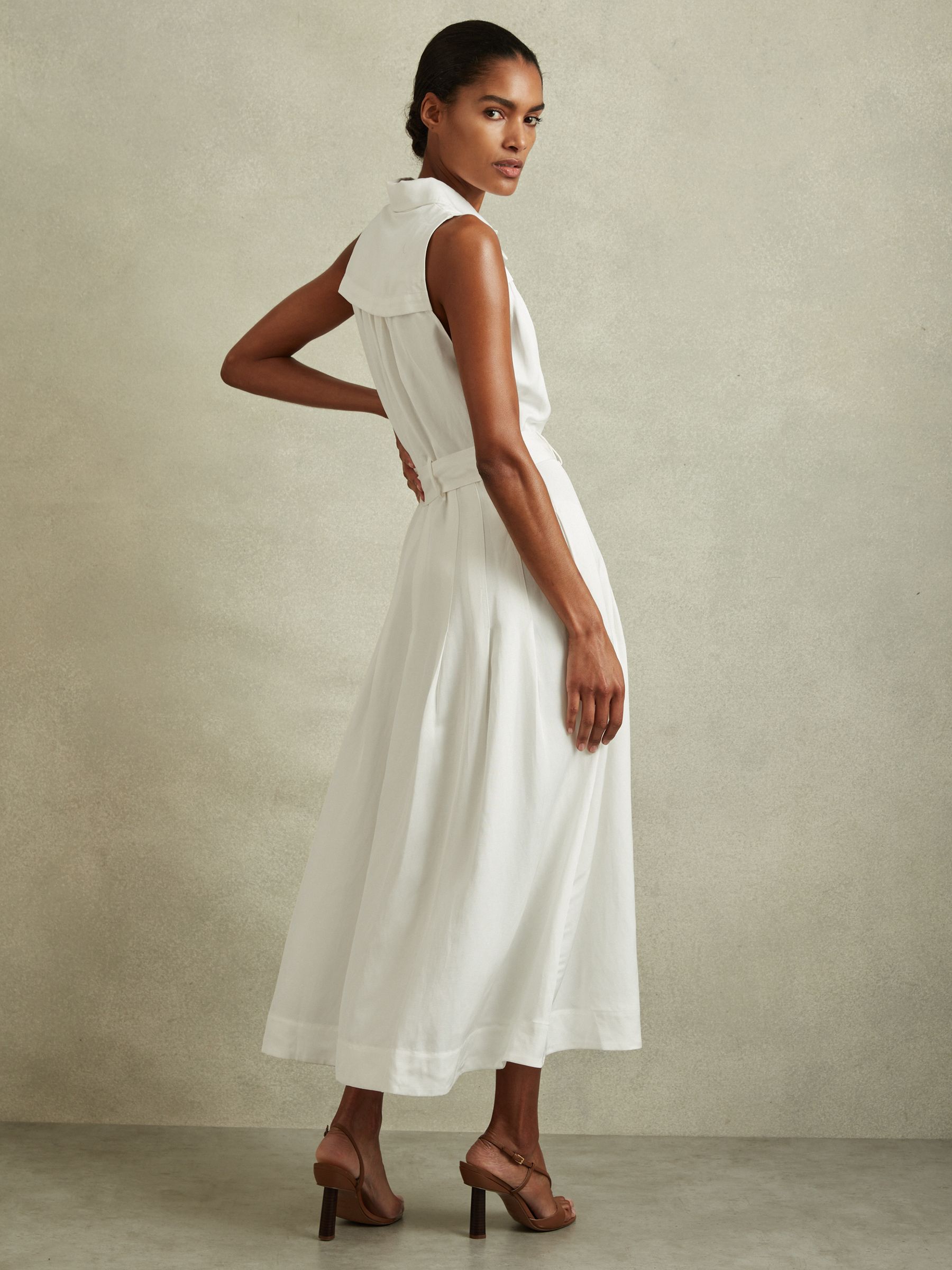 Petite Viscose-Linen Belted Midi Dress in White - Image 1 of 7