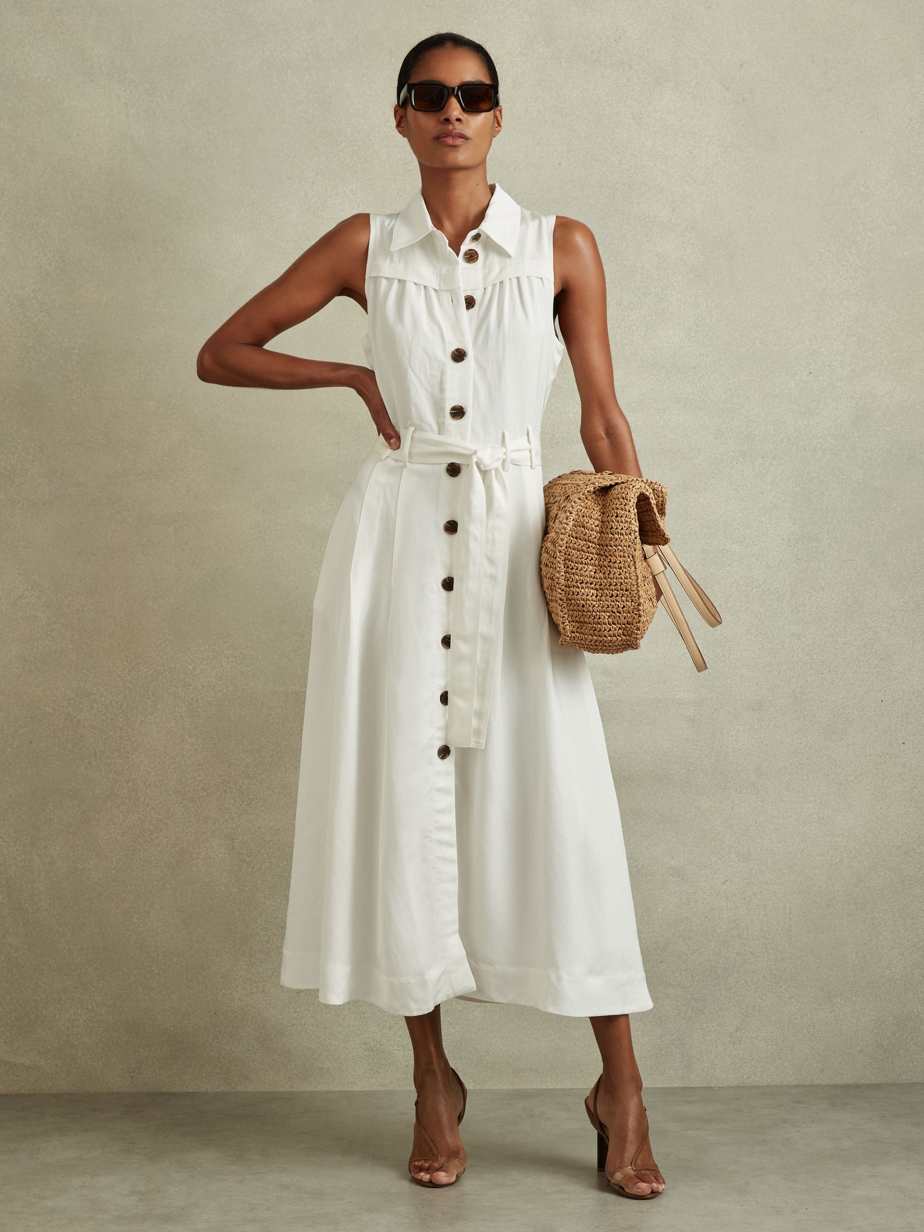Petite Viscose-Linen Belted Midi Dress in White - Image 3 of 7