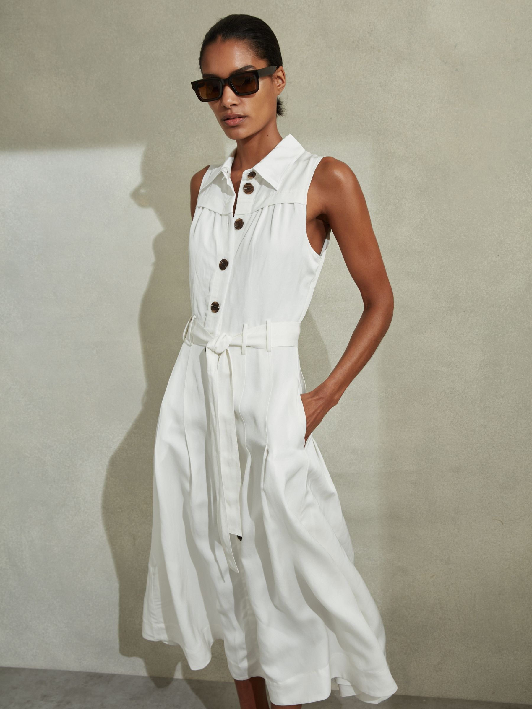 Petite Viscose-Linen Belted Midi Dress in White - Image 4 of 7