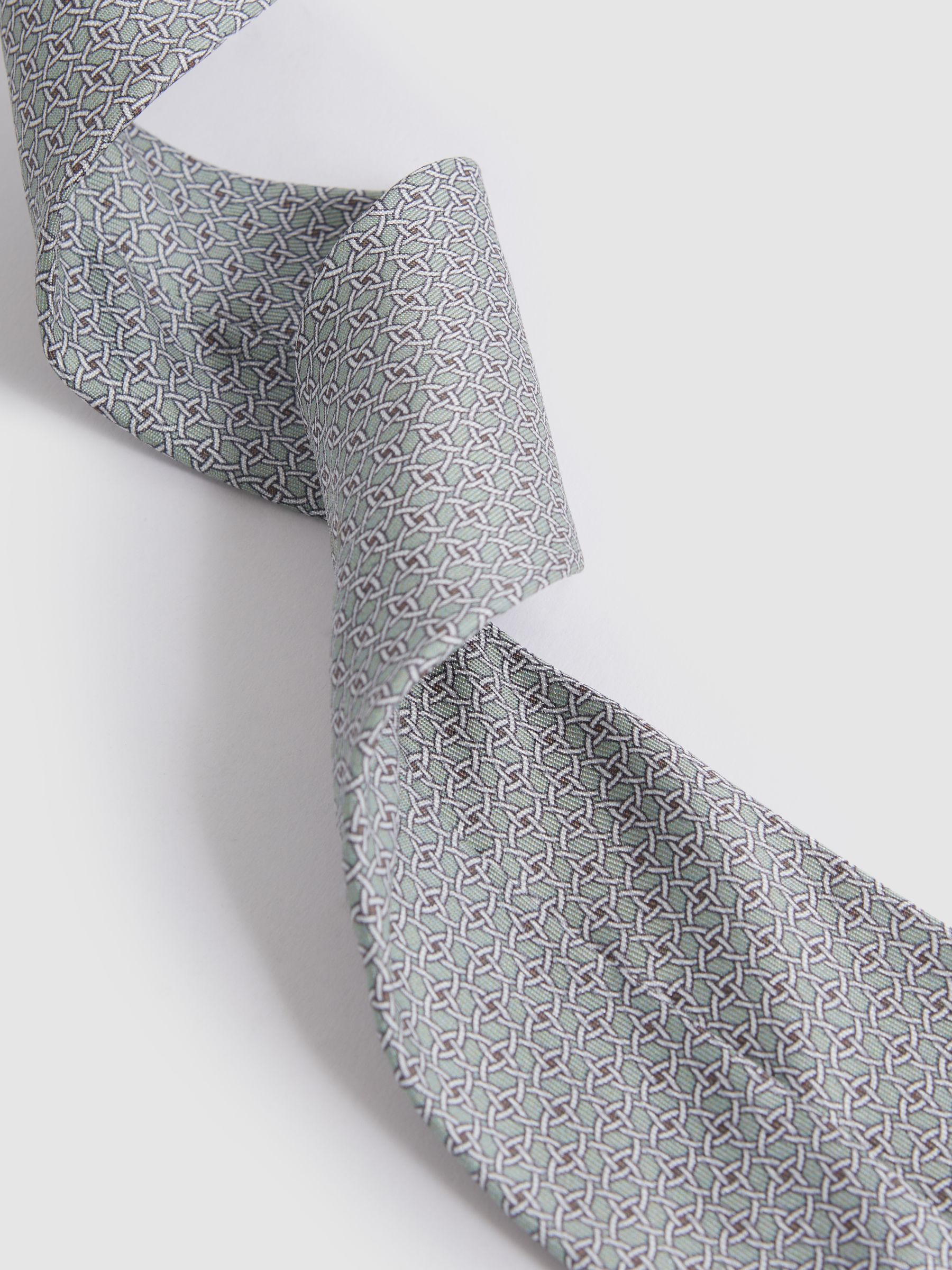 Silk Geometric Print Tie in Pistachio - Image 3 of 5