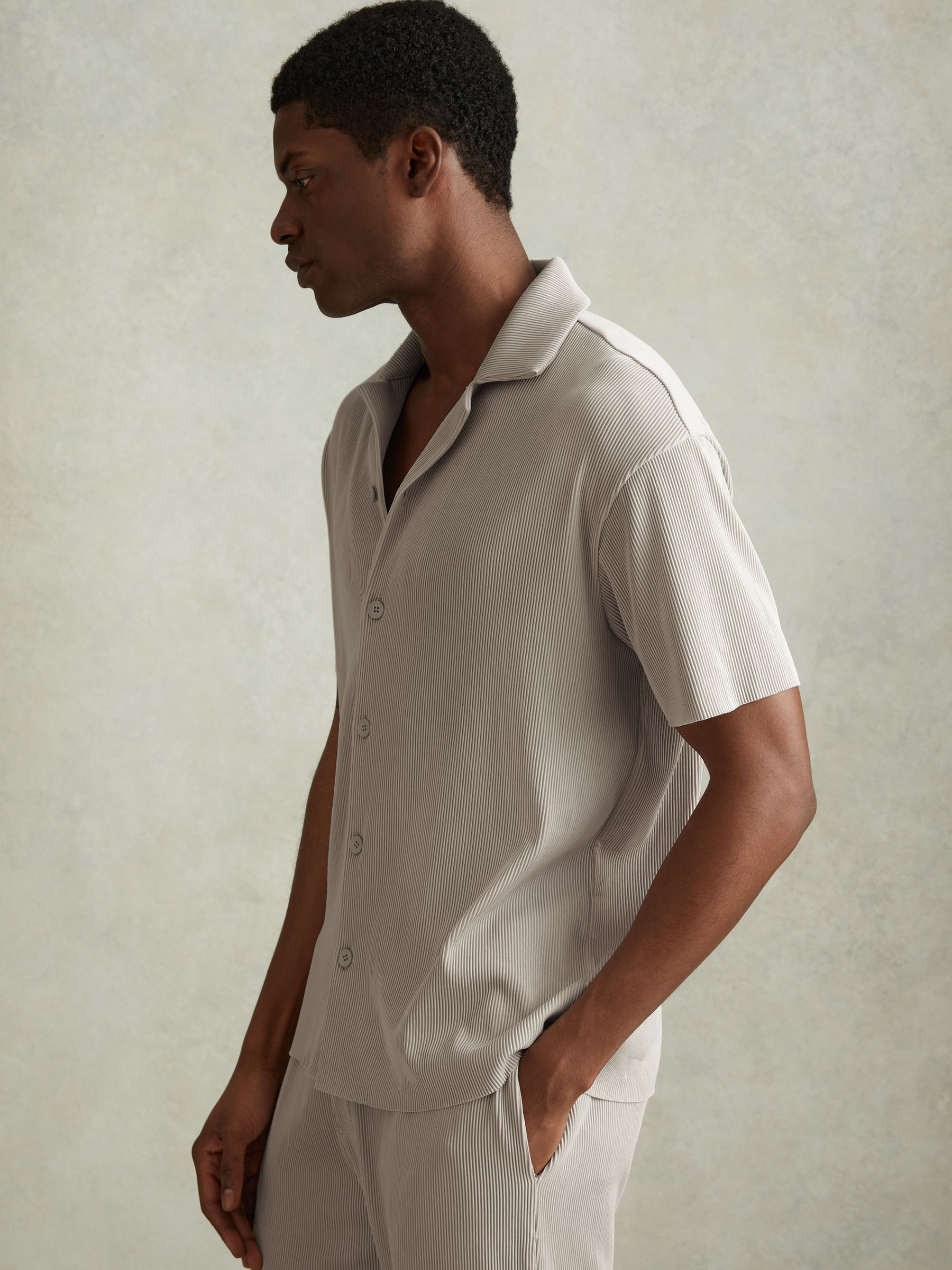 Ribbed Cuban Collar Shirt in Silver - Image 1 of 6