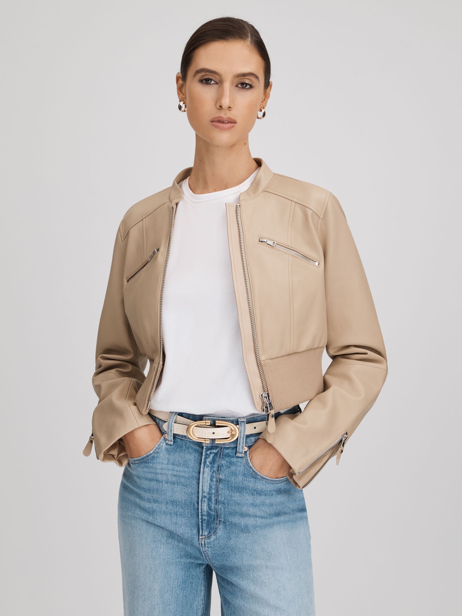 Paige Cropped Leather Jacket in Cream - Image 1 of 6