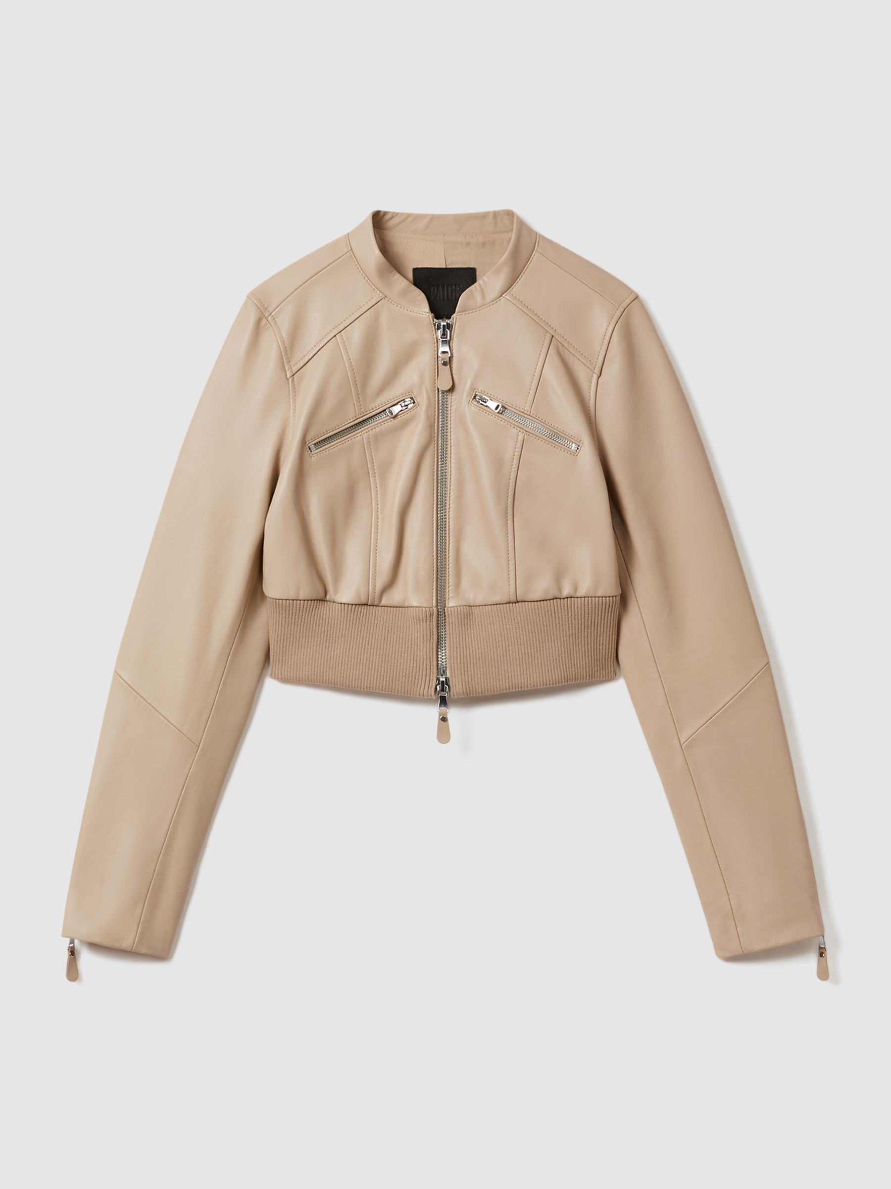 Paige Cropped Leather Jacket in Cream - Image 2 of 6