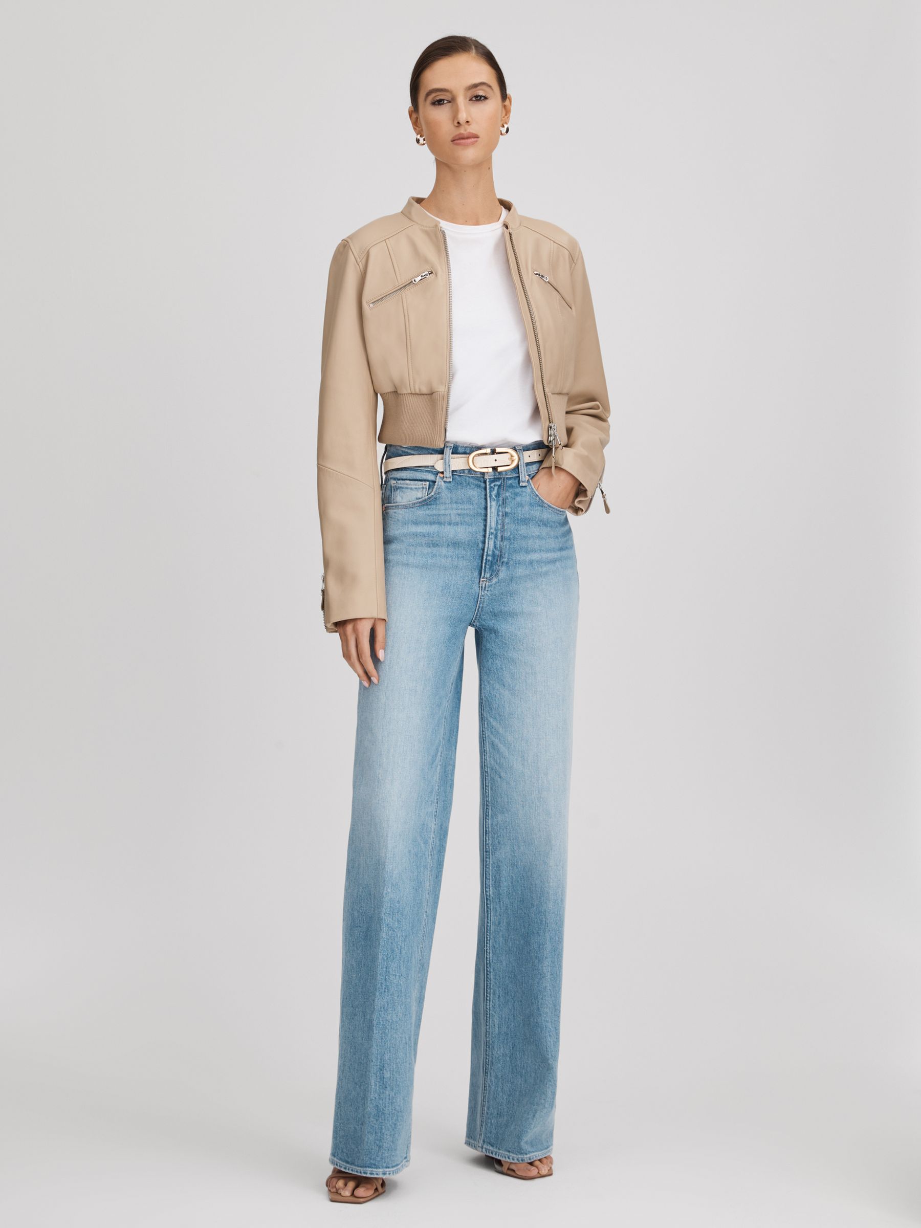 Paige Cropped Leather Jacket in Cream - Image 3 of 6