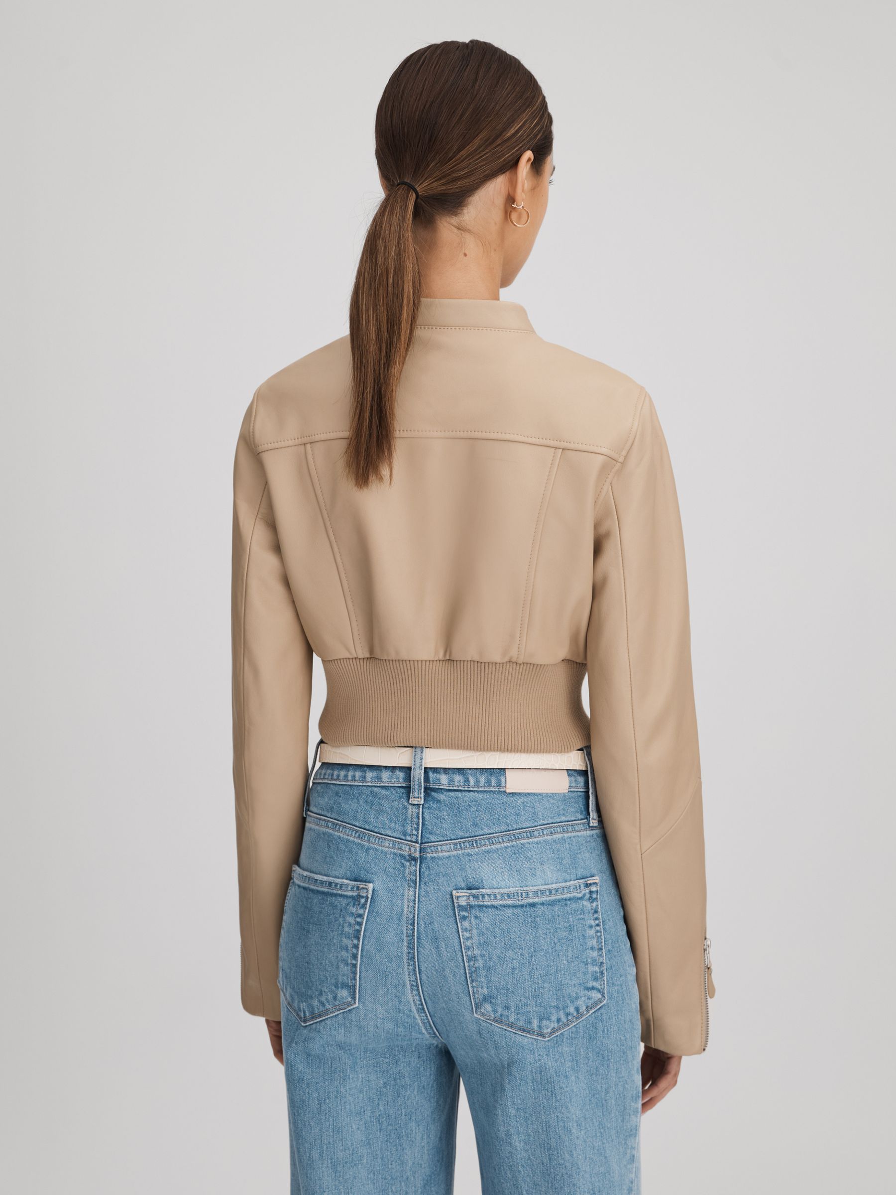 Paige Cropped Leather Jacket in Cream - Image 5 of 6
