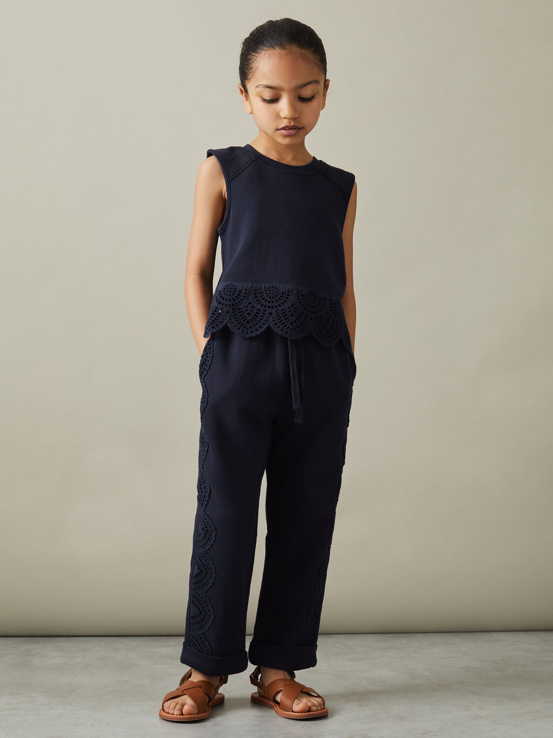 9-13 yrs Cotton Broderie Drawstring Trousers in Navy - Image 3 of 5