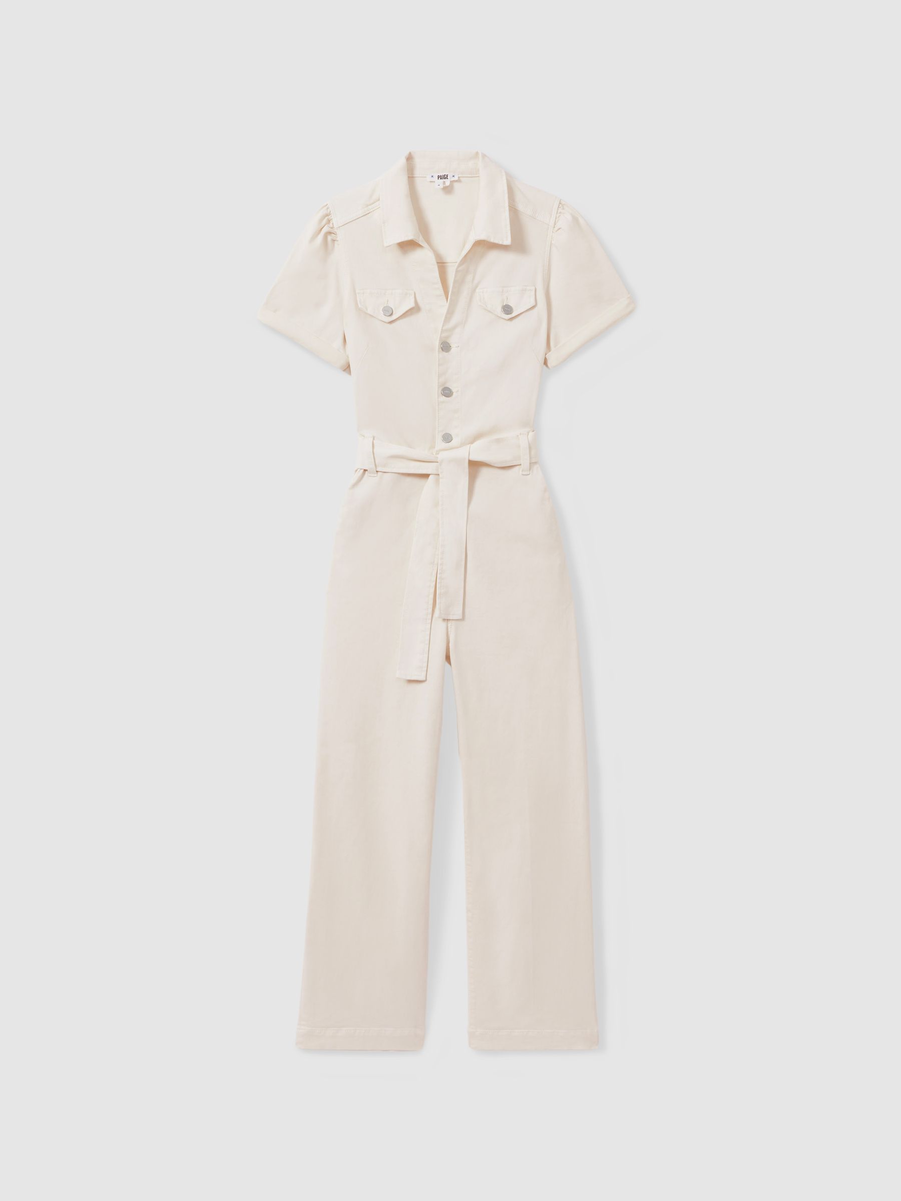Paige Denim Puff Sleeve Jumpsuit in Sand - Image 2 of 5