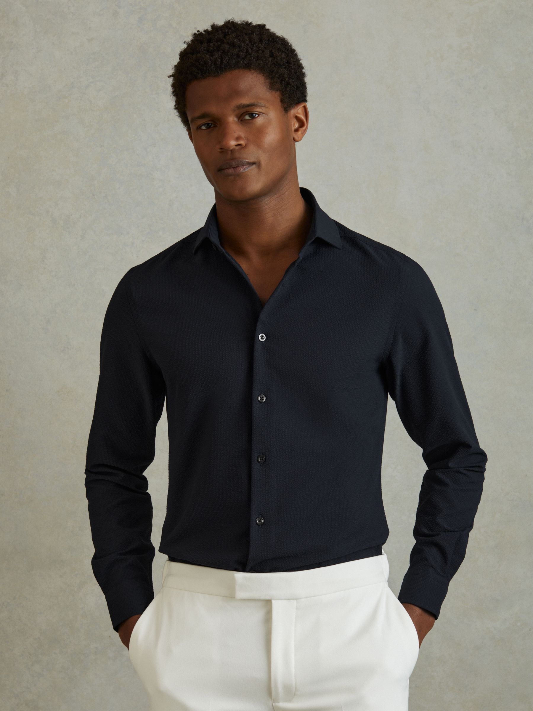 Textured Cutaway Collar Shirt in Navy - Image 1 of 6
