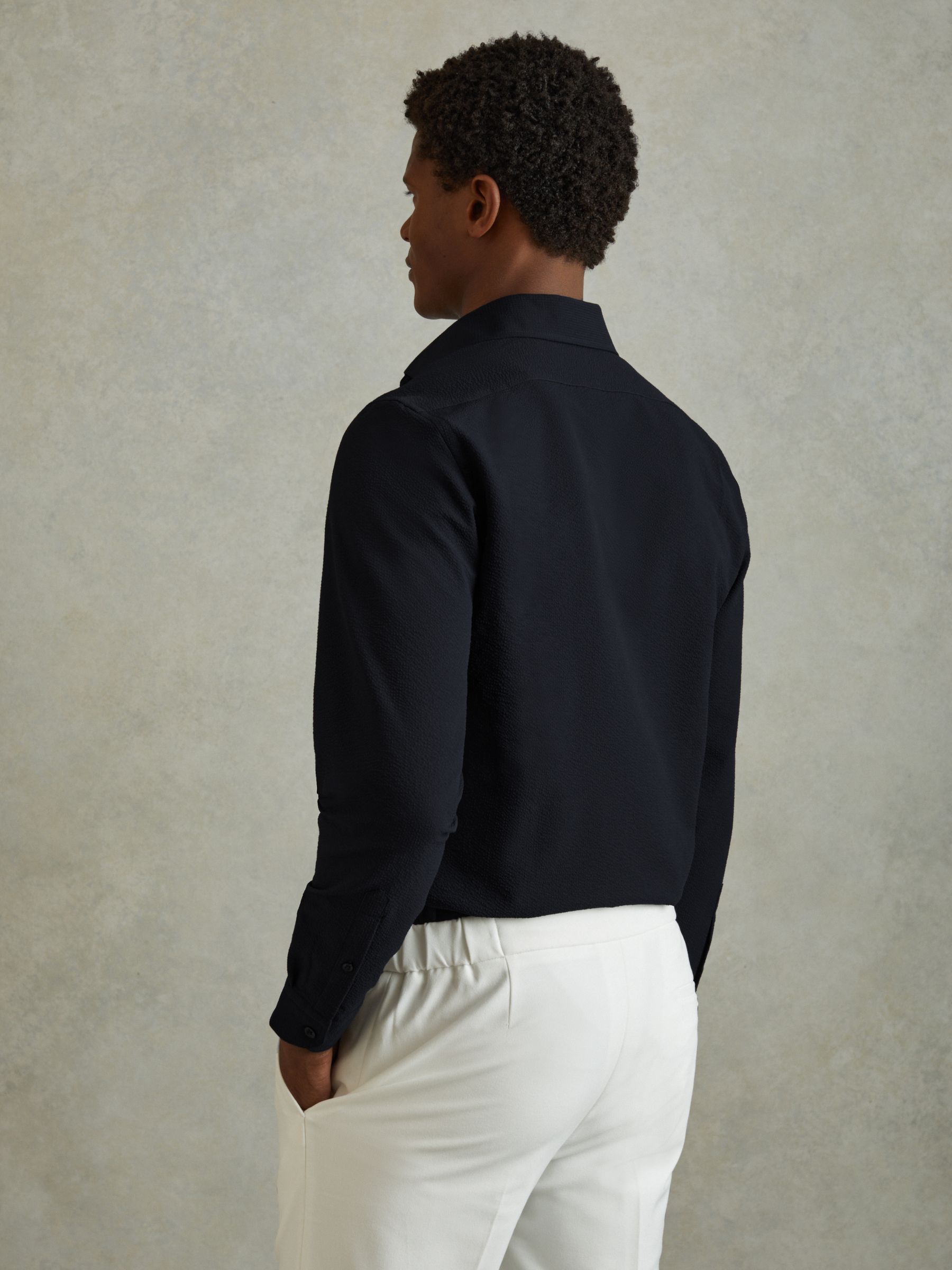 Textured Cutaway Collar Shirt in Navy - Image 5 of 6