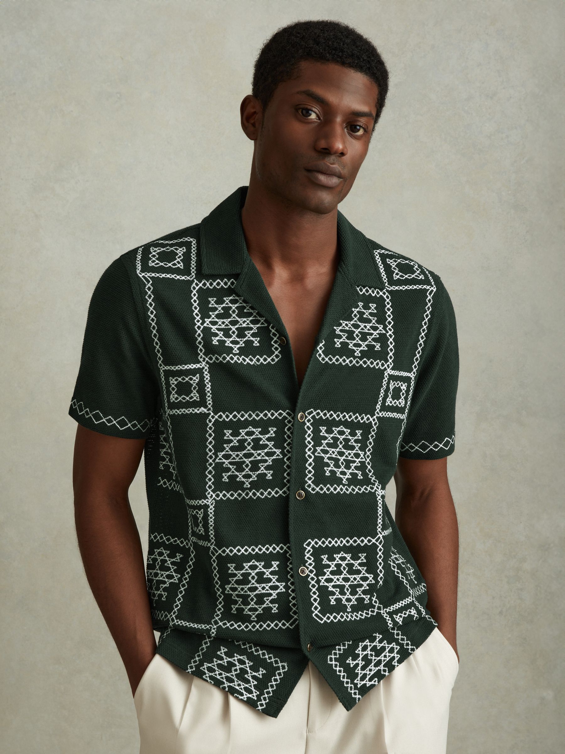 Textured Embroidered Cuban Collar Shirt in Green/Ecru - Image 1 of 6