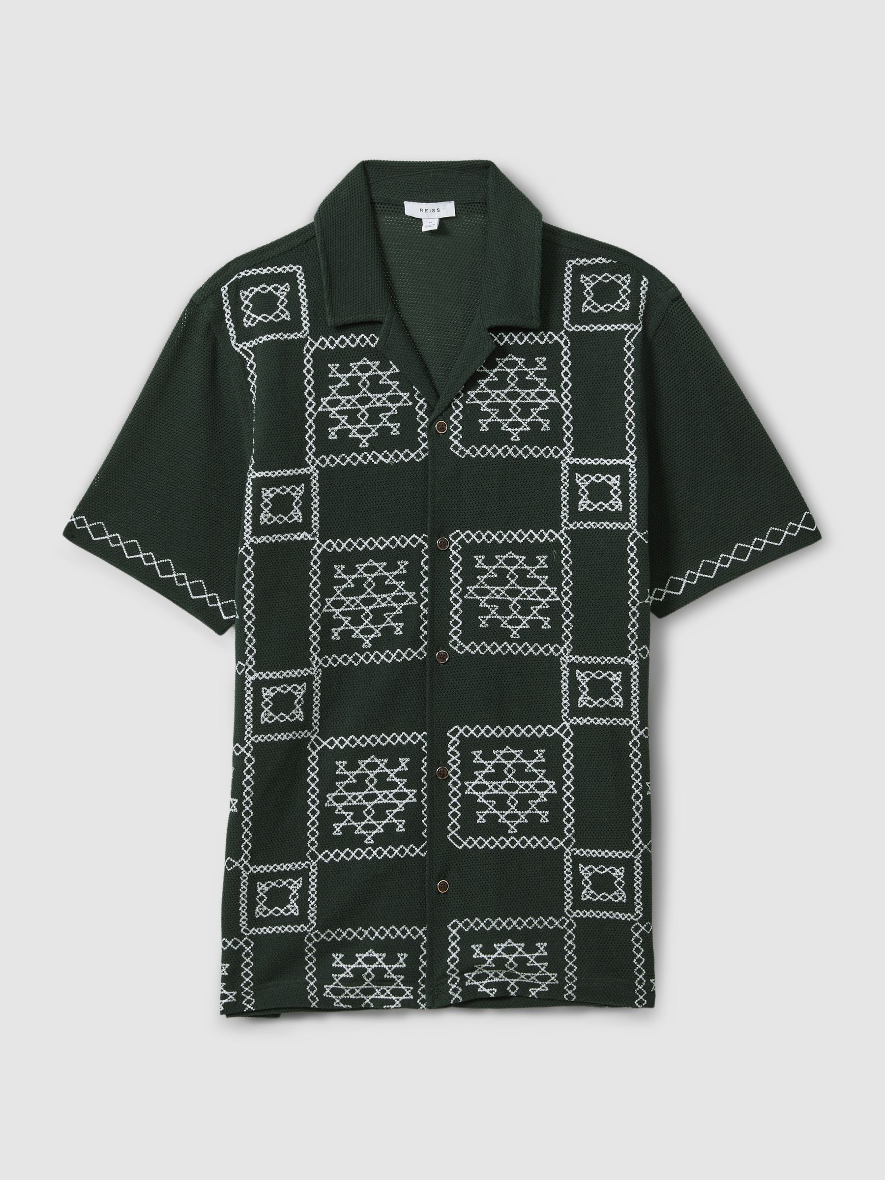 Textured Embroidered Cuban Collar Shirt in Green/Ecru - Image 2 of 6