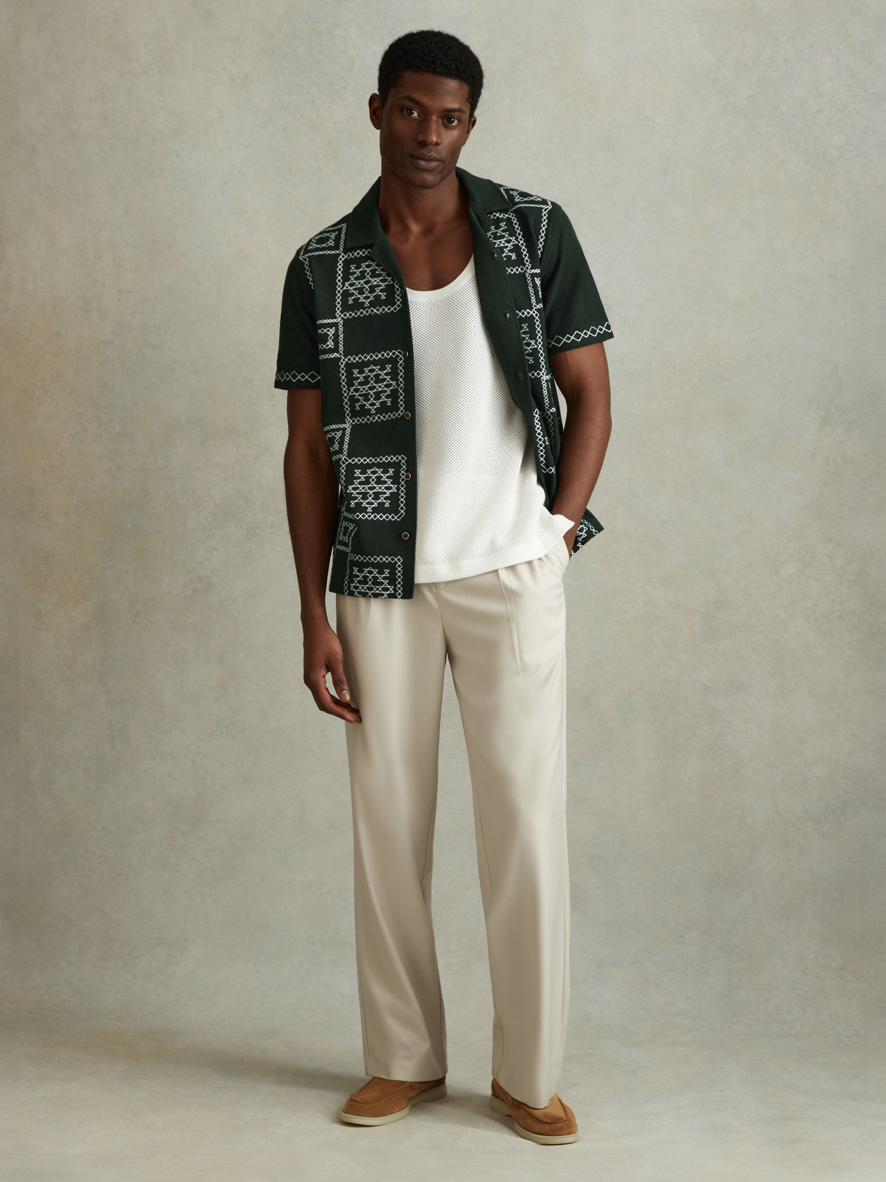 Textured Embroidered Cuban Collar Shirt in Green/Ecru - Image 3 of 6