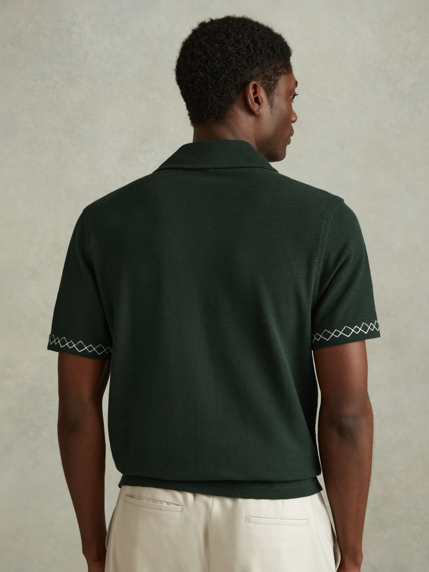 Textured Embroidered Cuban Collar Shirt in Green/Ecru - Image 5 of 6