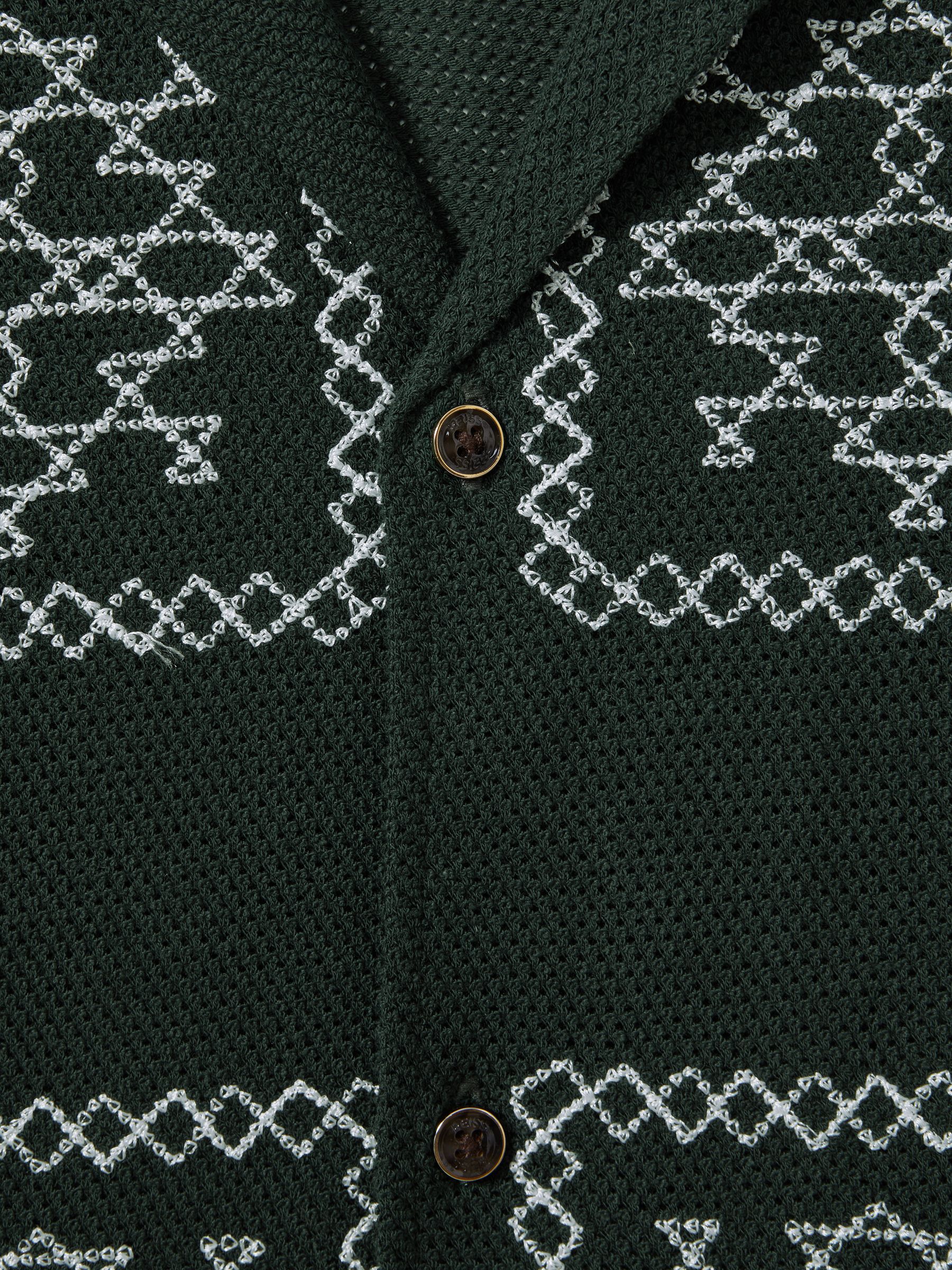 Textured Embroidered Cuban Collar Shirt in Green/Ecru - Image 6 of 6