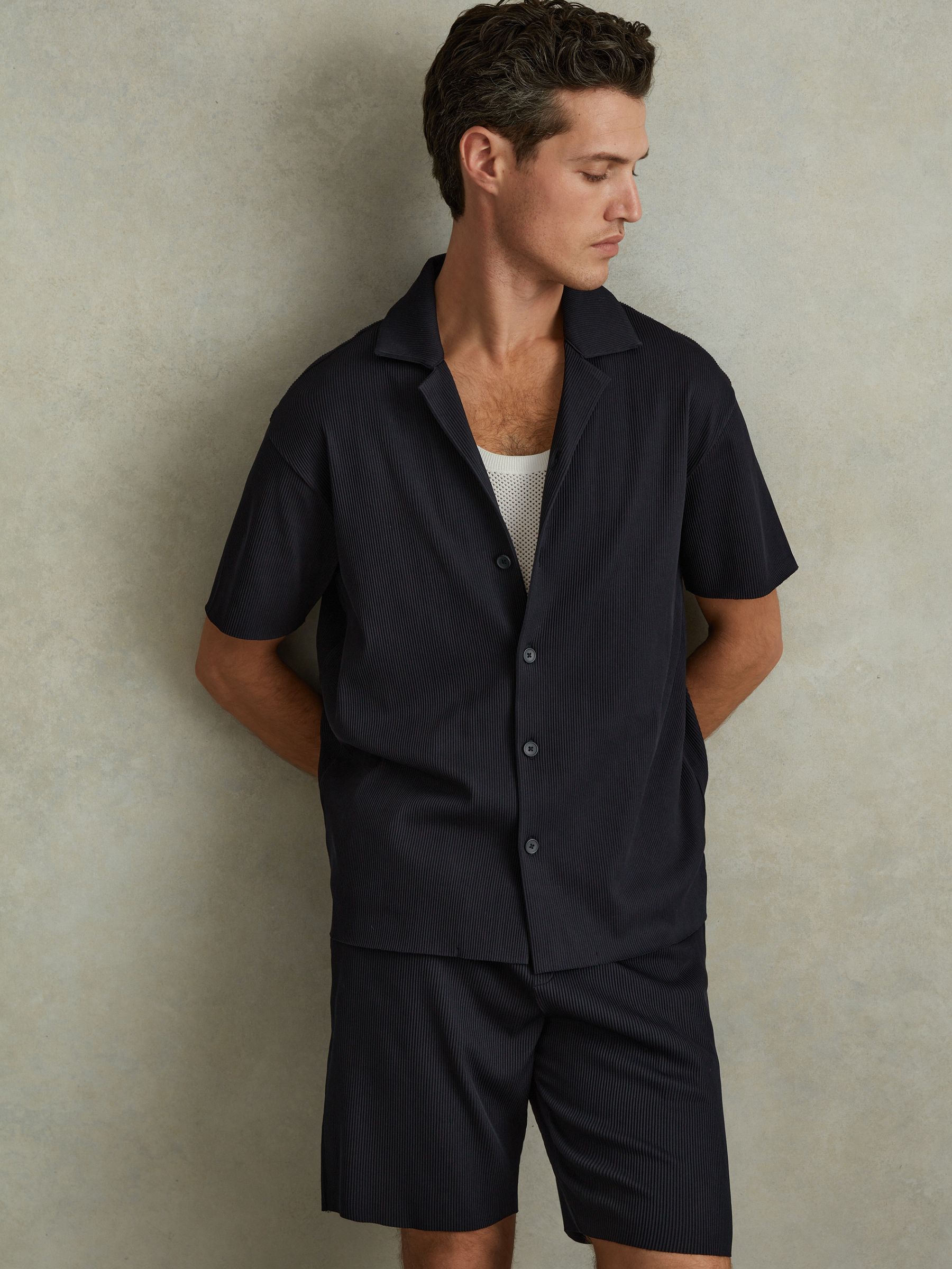 Ribbed Elasticated Waist Shorts in Navy - Image 1 of 5