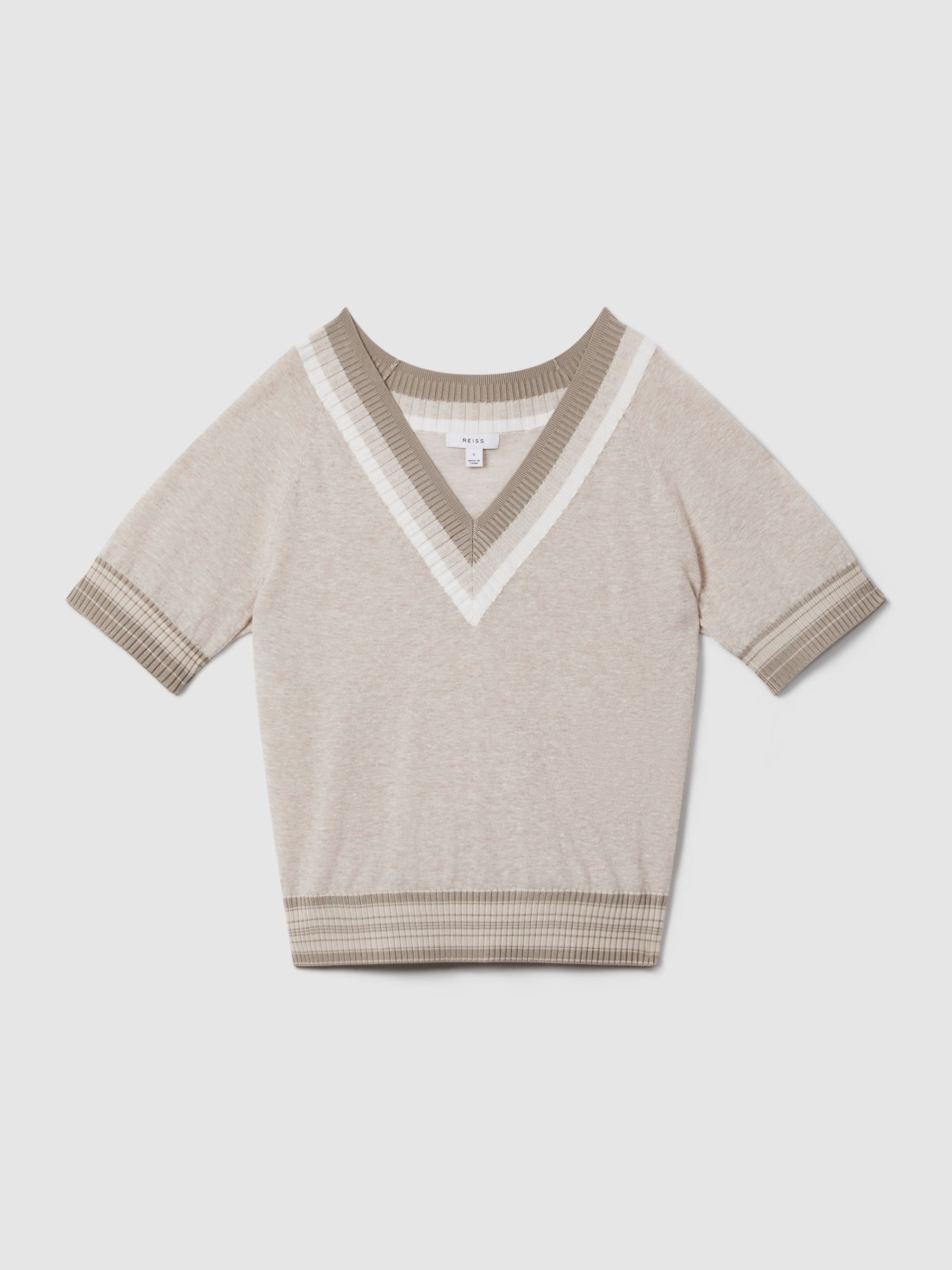 Cotton Blend Marled V-Neck Top in Neutral - Image 2 of 5