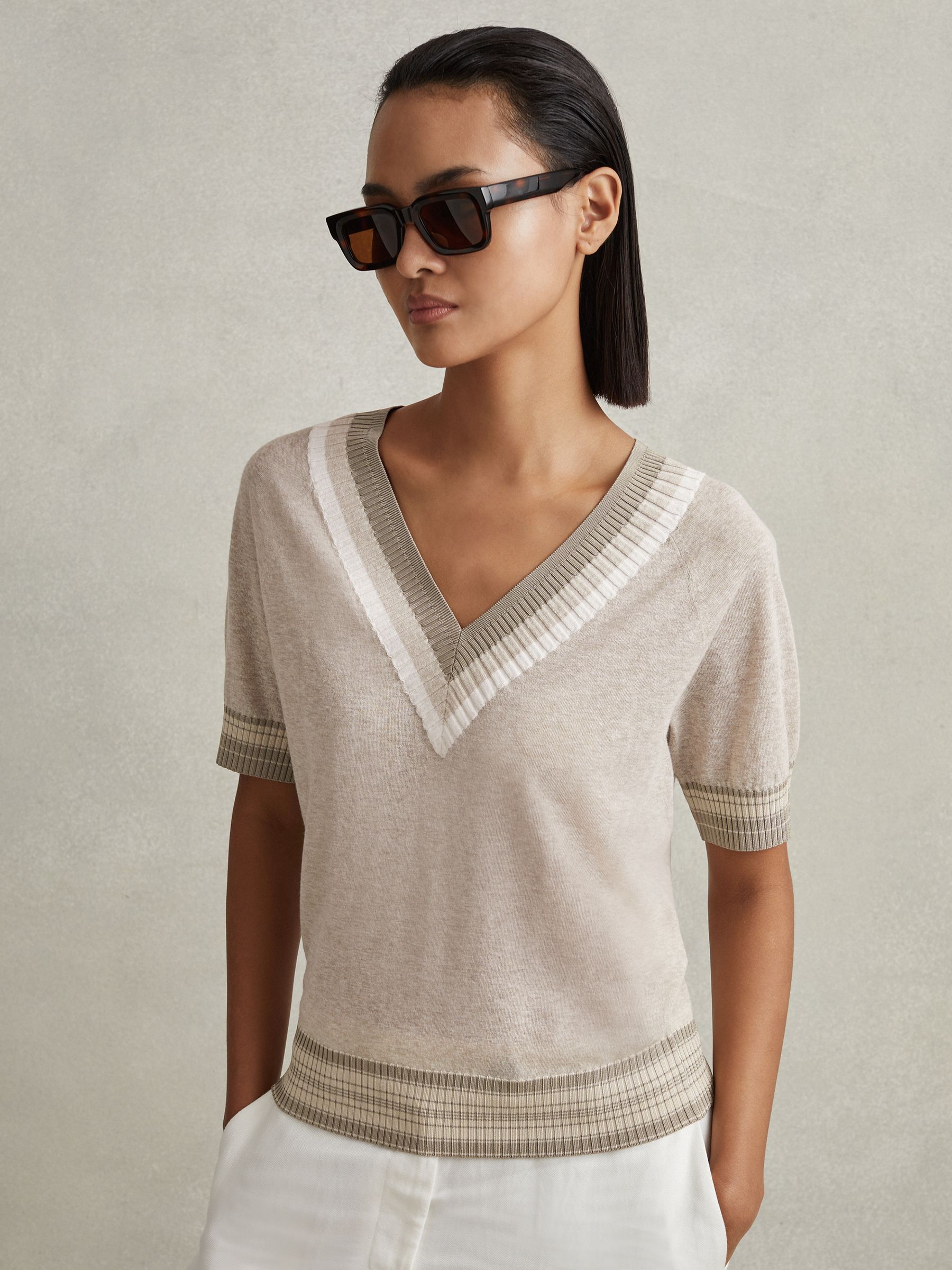 Cotton Blend Marled V-Neck Top in Neutral - Image 3 of 5