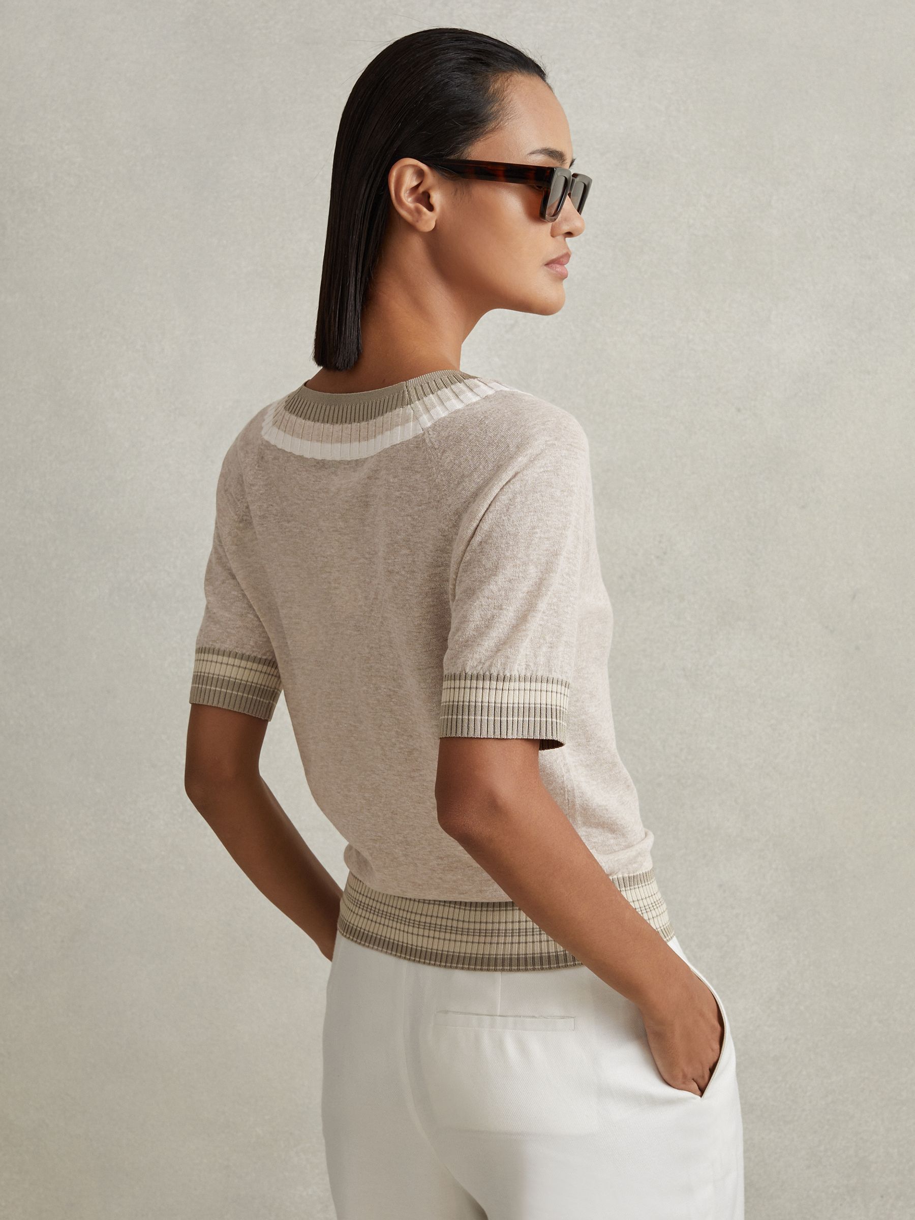 Cotton Blend Marled V-Neck Top in Neutral - Image 4 of 5