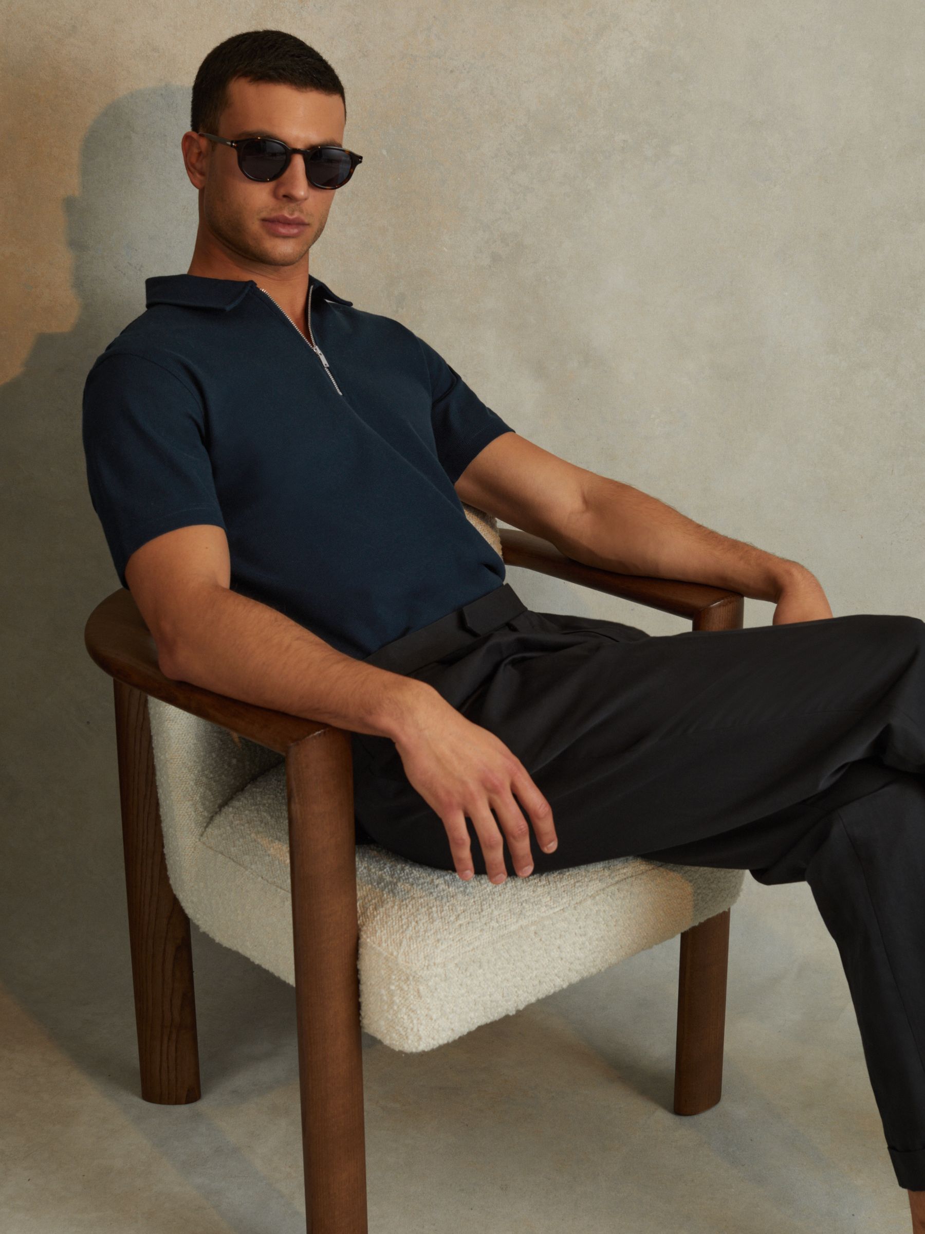 Cotton Textured Half-Zip Polo Shirt in Navy - Image 1 of 6