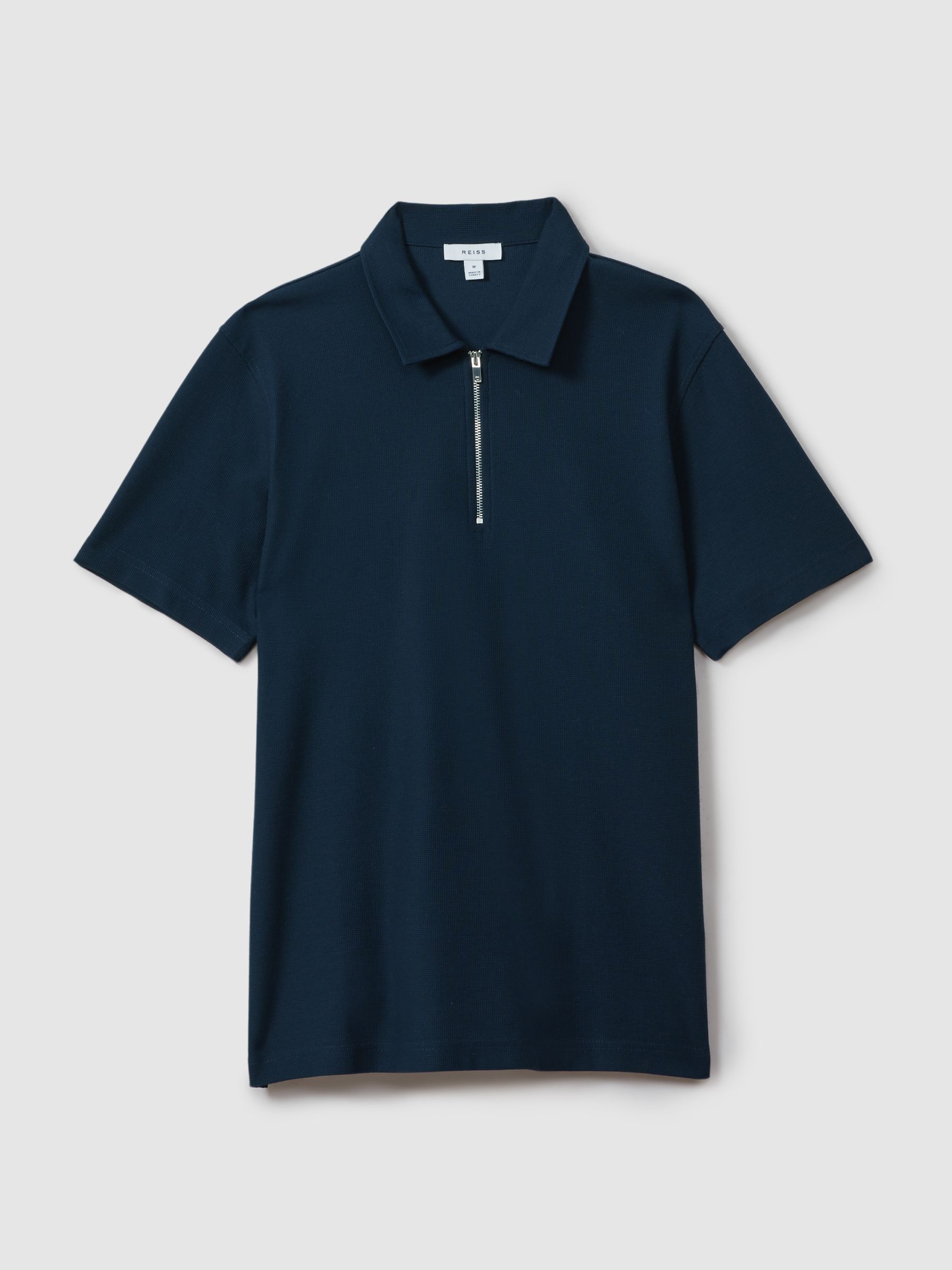 Cotton Textured Half-Zip Polo Shirt in Navy - Image 2 of 6