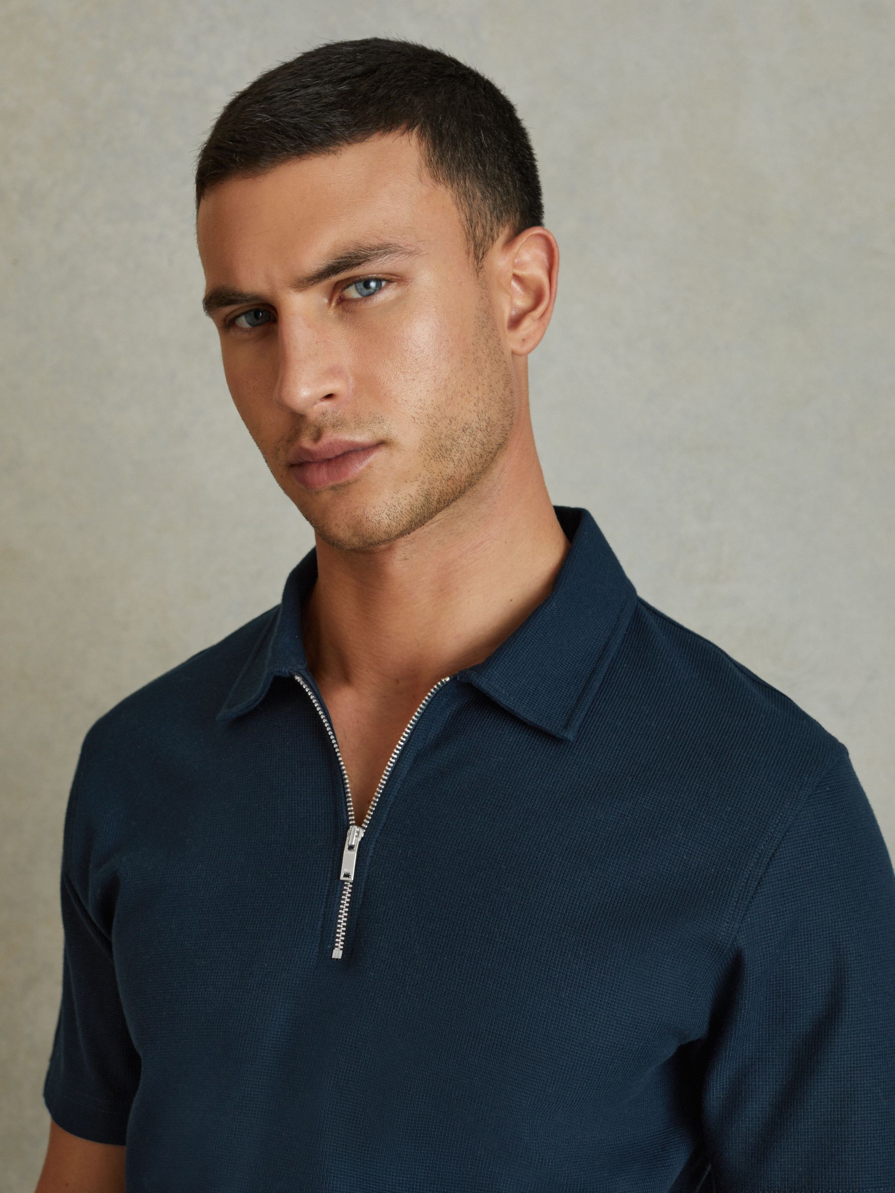 Cotton Textured Half-Zip Polo Shirt in Navy - Image 4 of 6