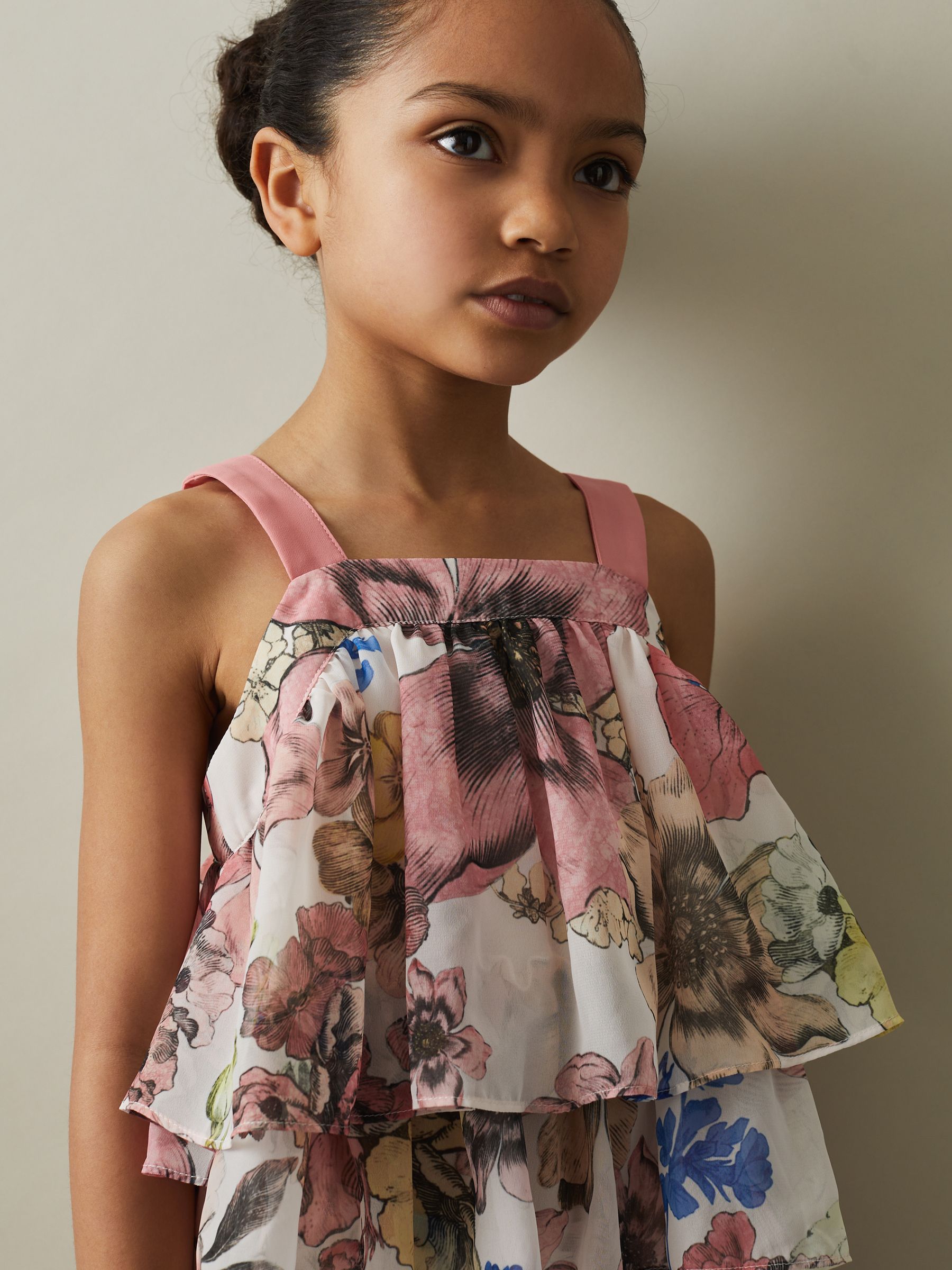4-9 yrs Tiered Floral Print Top Co-Ord in Pink Print - Image 3 of 5