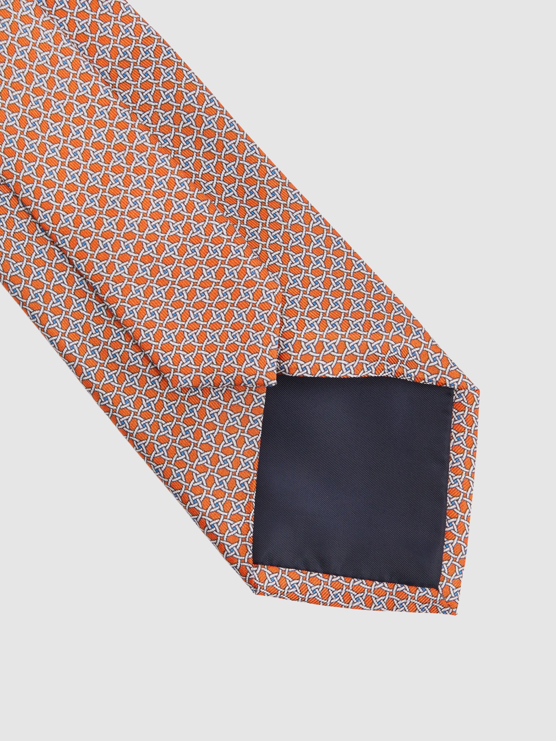 Silk Geometric Print Tie in Bright Orange - Image 4 of 5