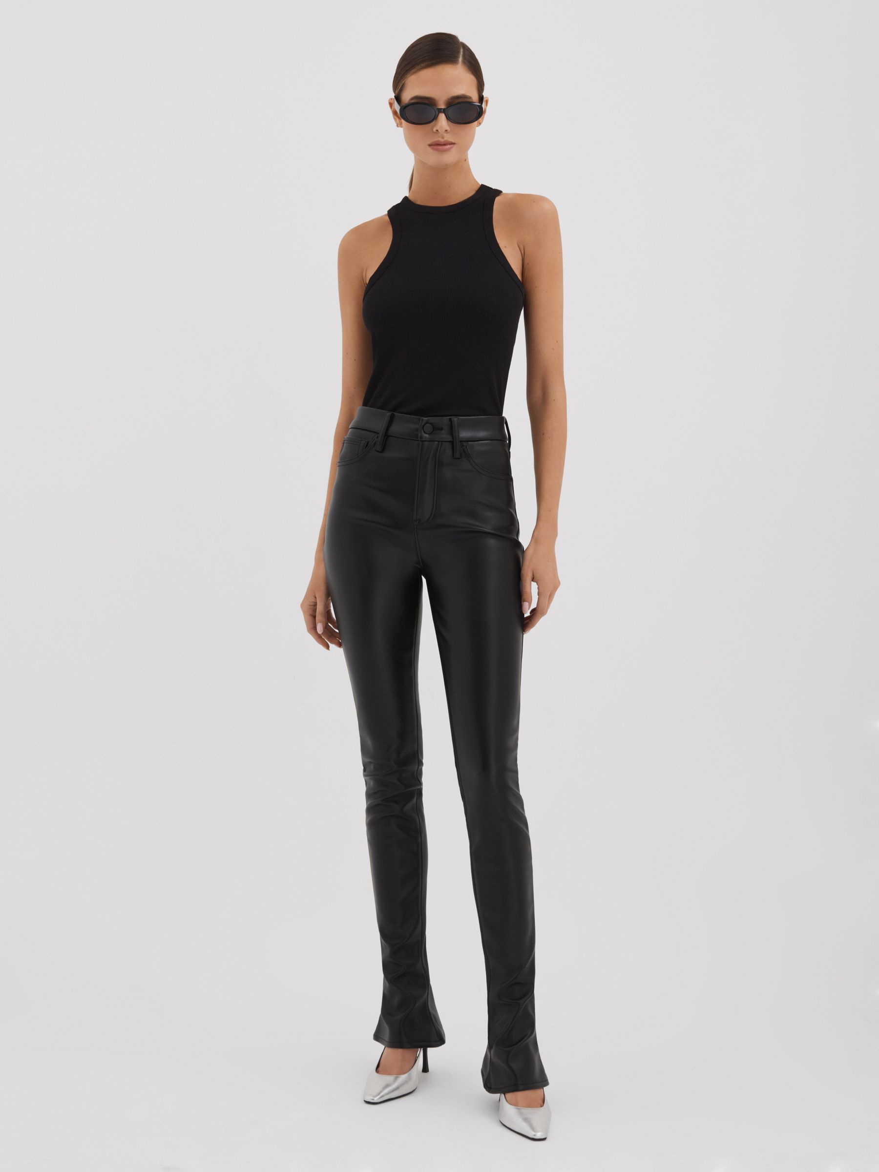Faux Leather Slim Bootcut Trousers in Black - Image 3 of 5