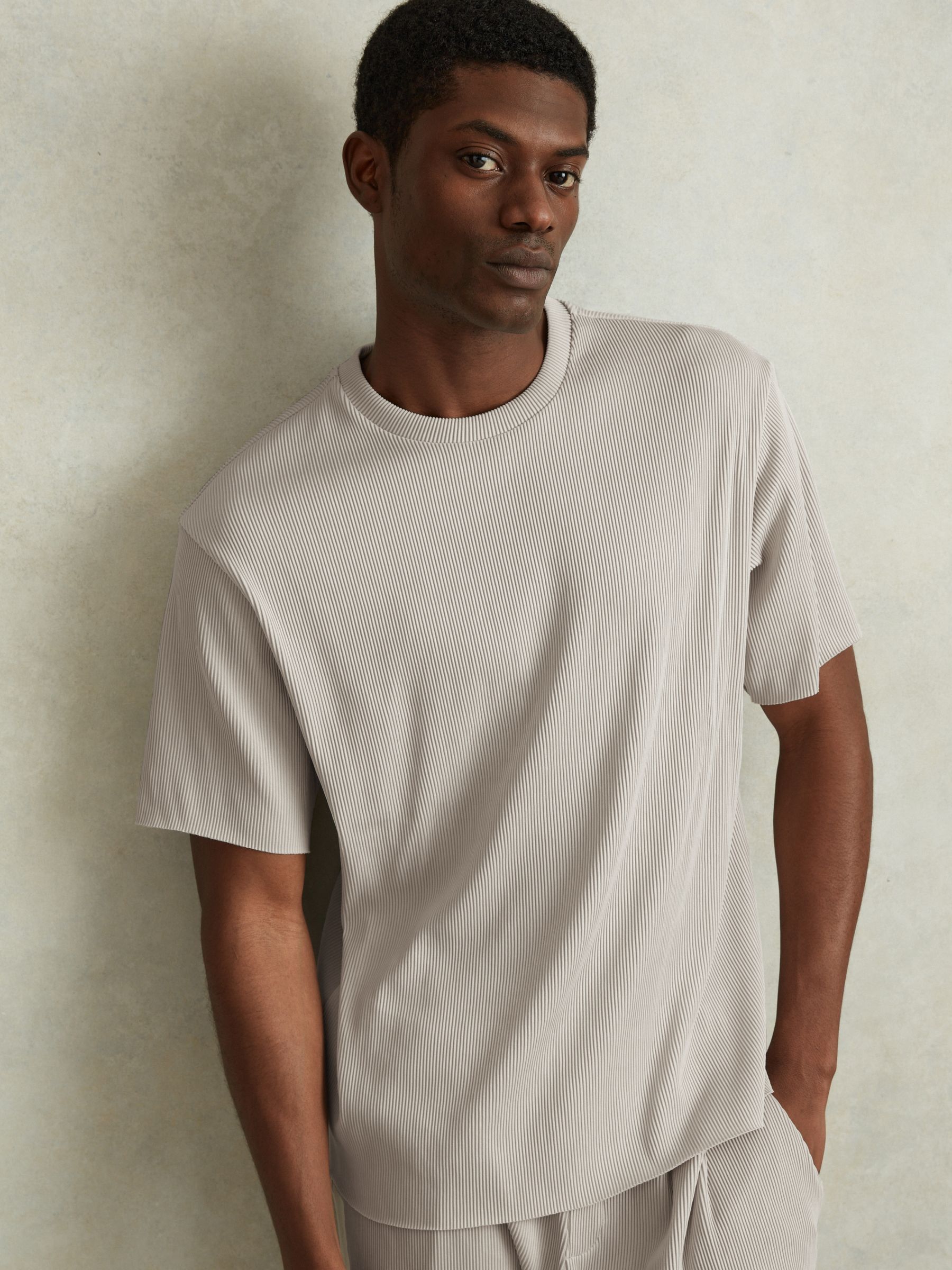 Oversized Ribbed Crew Neck T-Shirt in Silver - Image 1 of 6