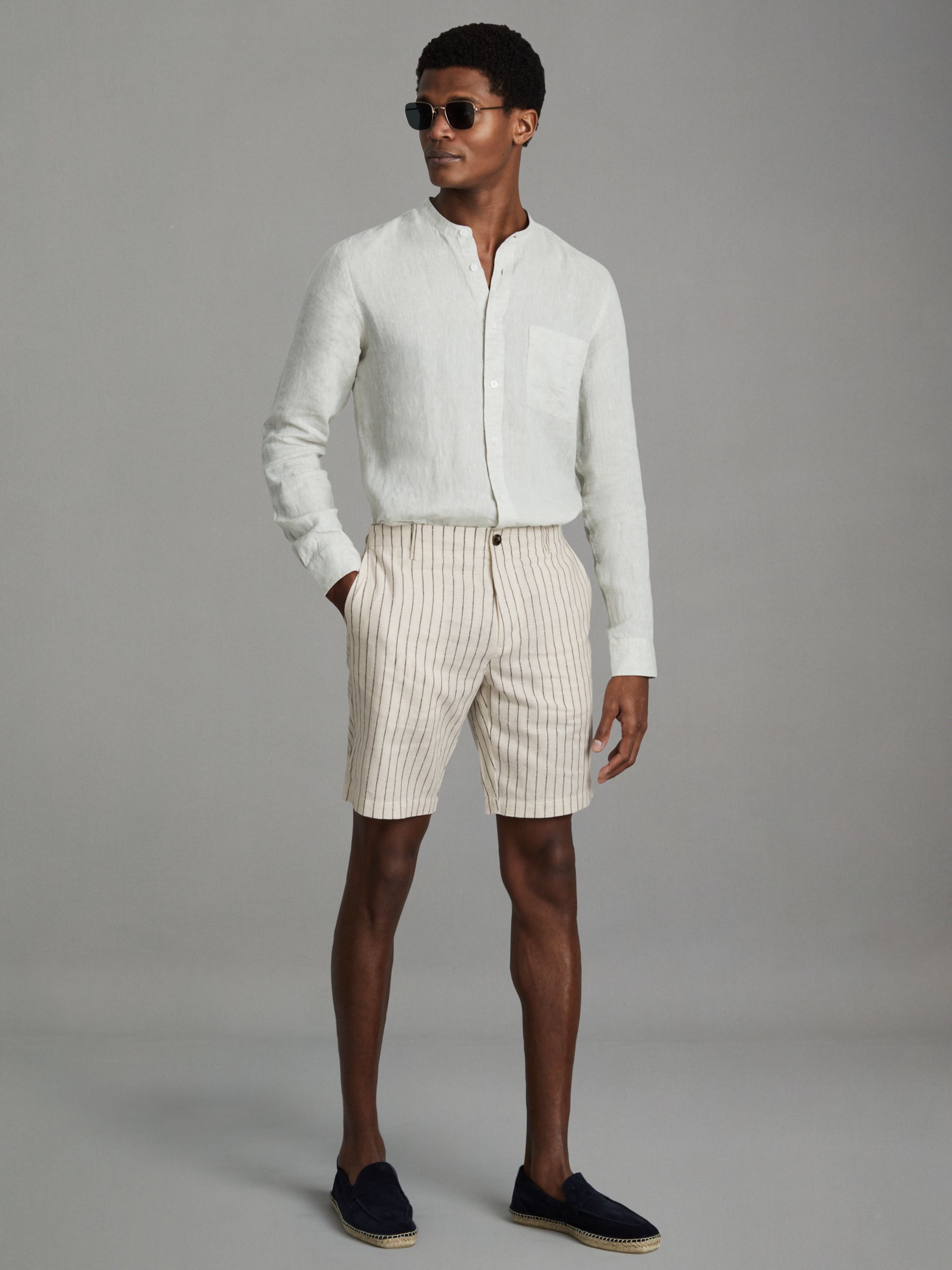 Cotton Linen Blend Internal Drawstring Shorts in Ecru Stripe - Image 1 of 6