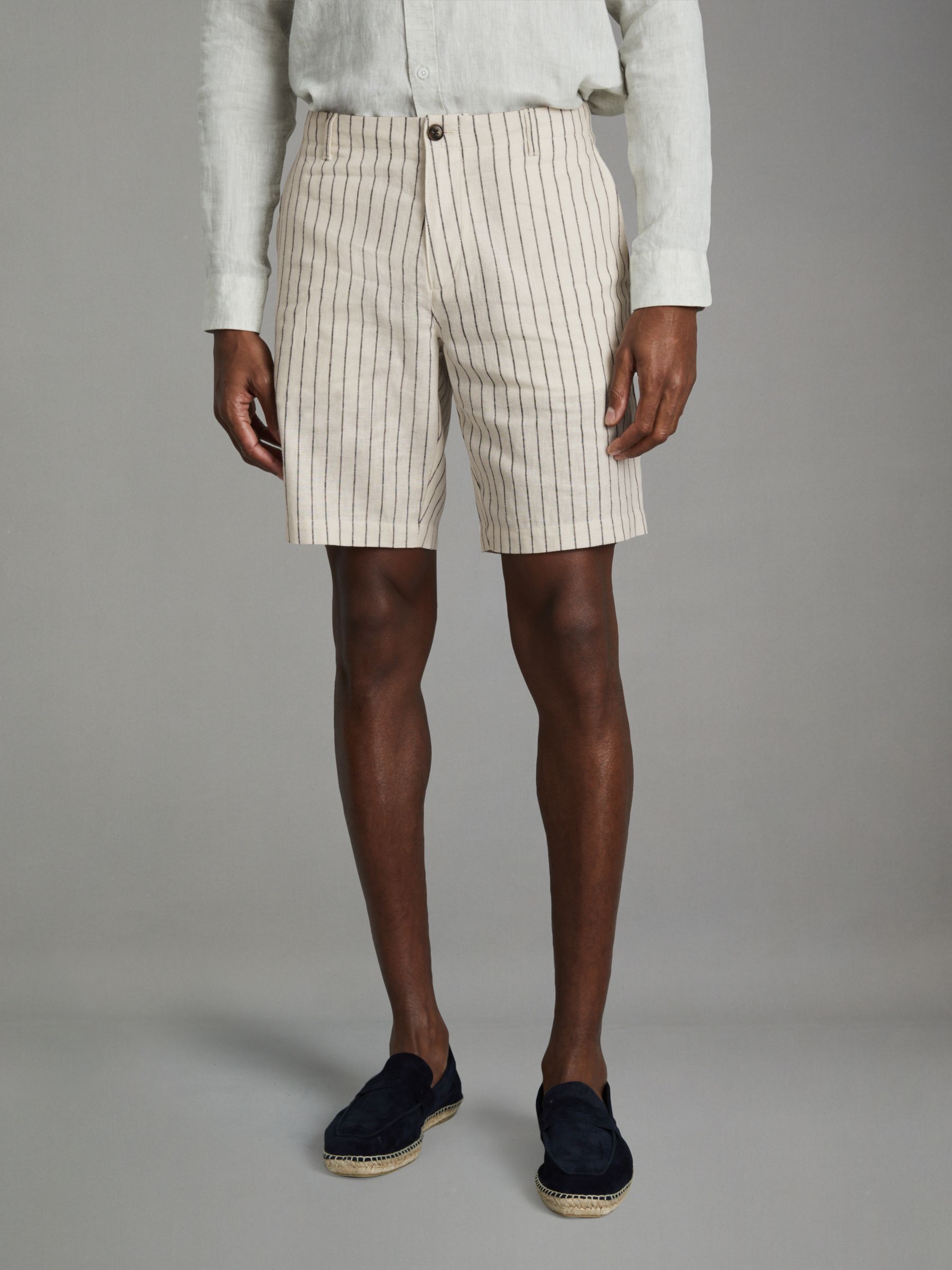 Cotton Linen Blend Internal Drawstring Shorts in Ecru Stripe - Image 3 of 6