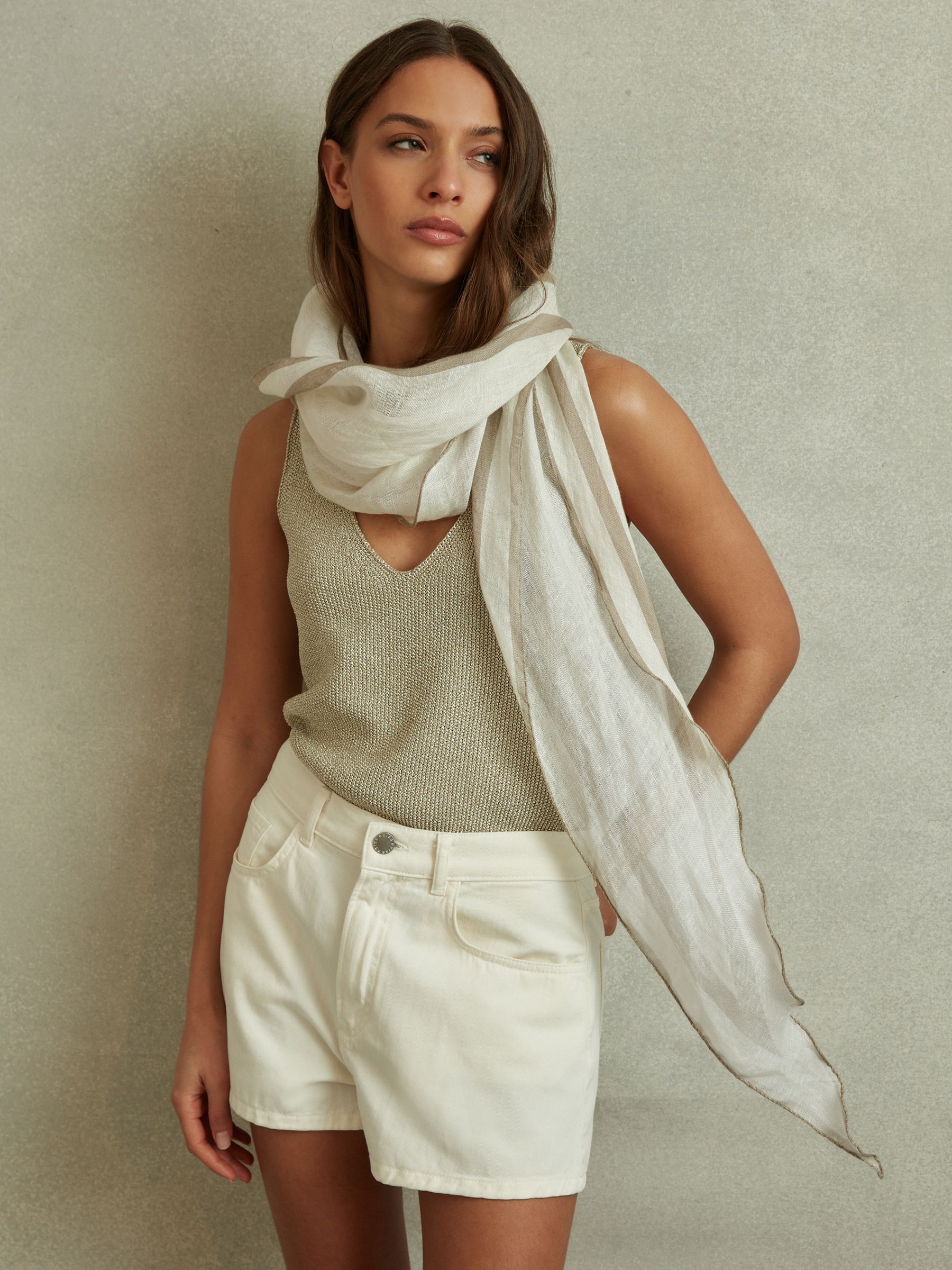 Rhombus Ecru 100% Linen Contrast Trim Scarf - Image 2 of 4 Rhombus Ecru 100% Linen Contrast Trim Scarf - Image 2 of 4