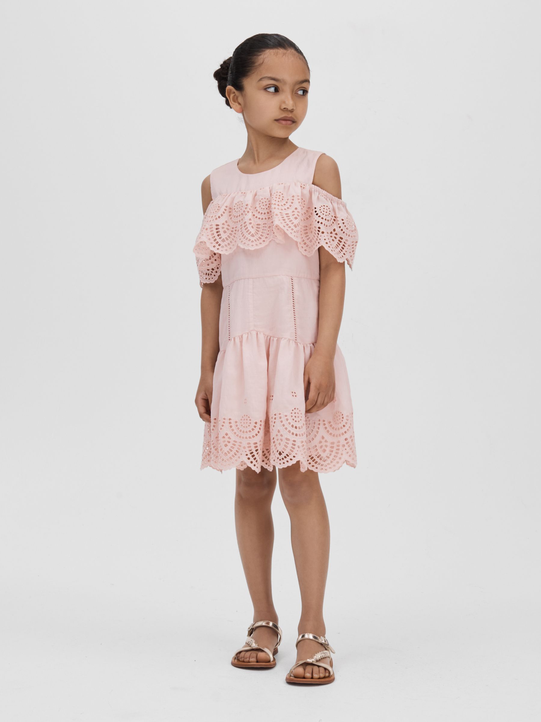 4-9 yrs Off-The-Shoulder Broderie Dress in Pink - Image 2 of 4