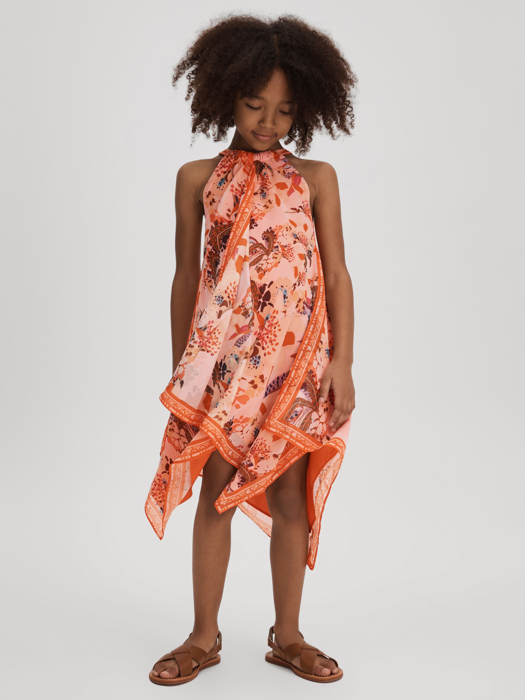 4-9 yrs Printed Draped Halter Neck Dress in Pink Print - Image 1 of 4