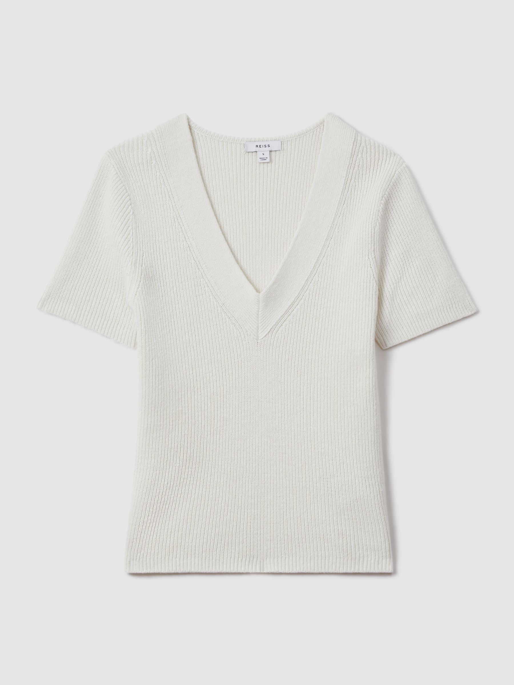 Cotton Blend Knitted V-Neck Top in Ivory - Image 2 of 6