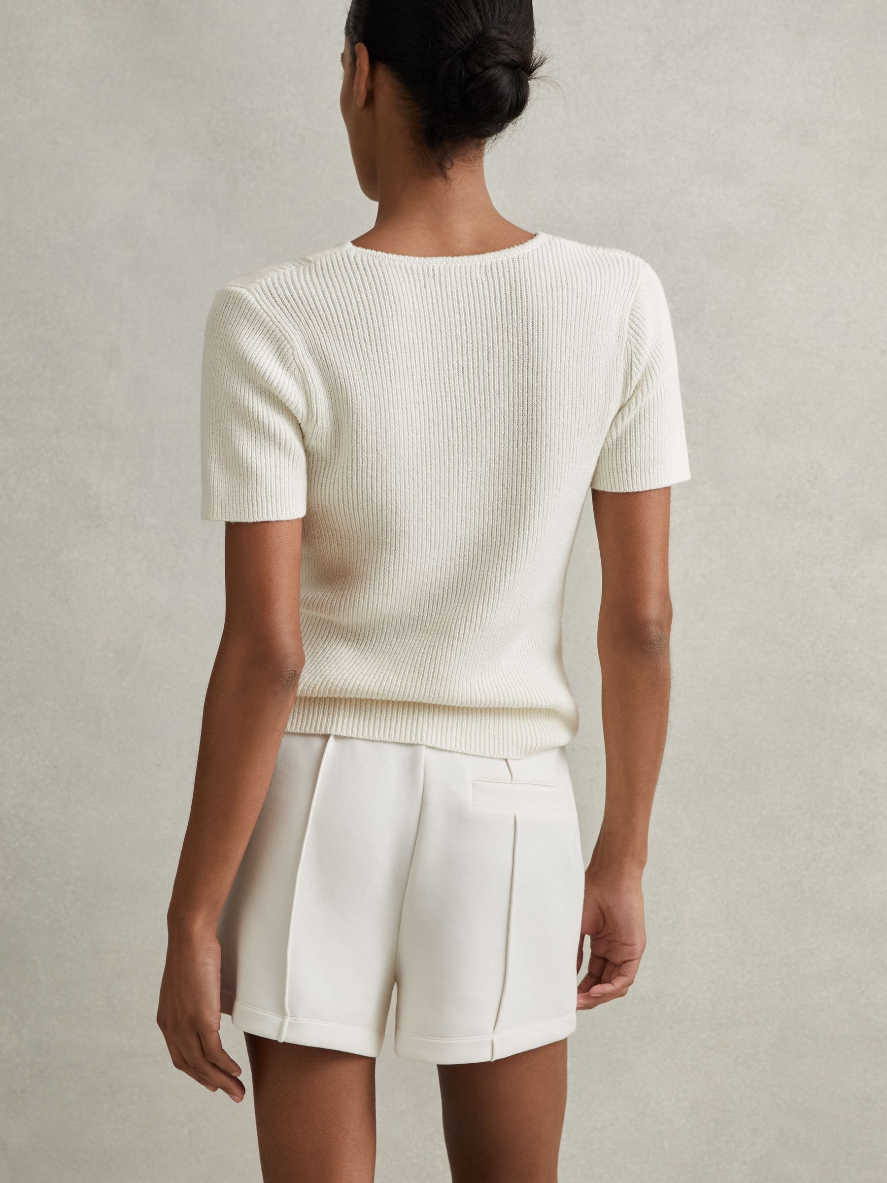 Cotton Blend Knitted V-Neck Top in Ivory - Image 4 of 6