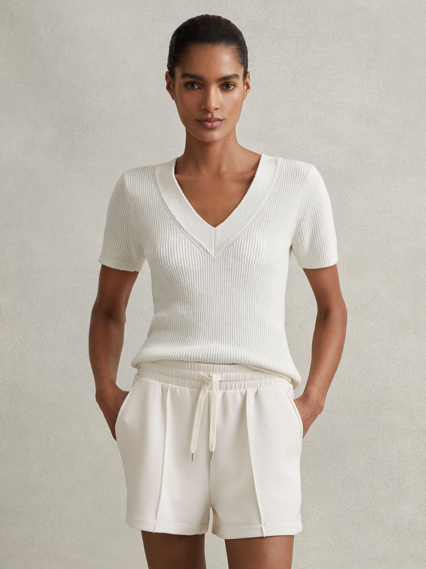 Cotton Blend Knitted V-Neck Top in Ivory - Image 5 of 6