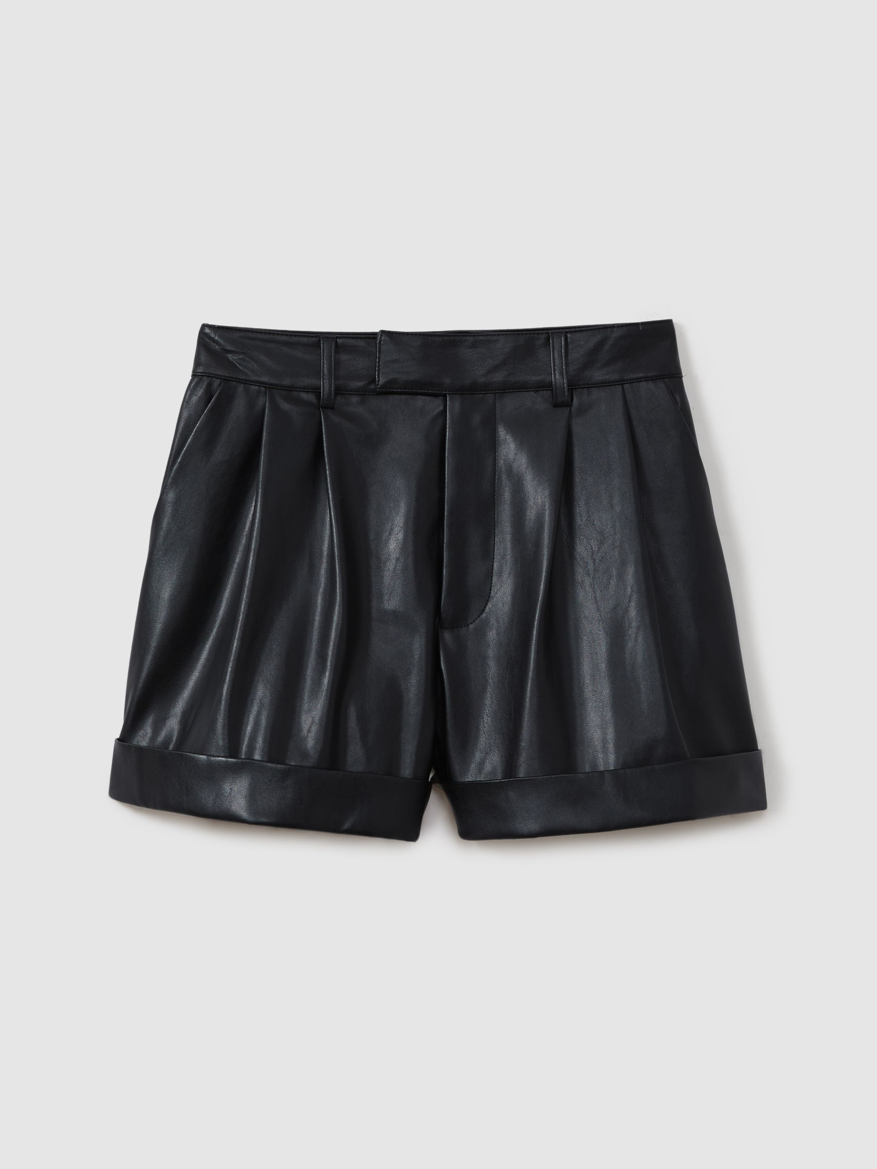 Paige Front Pleat Faux Fur Leather Shorts in Black - Image 2 of 5