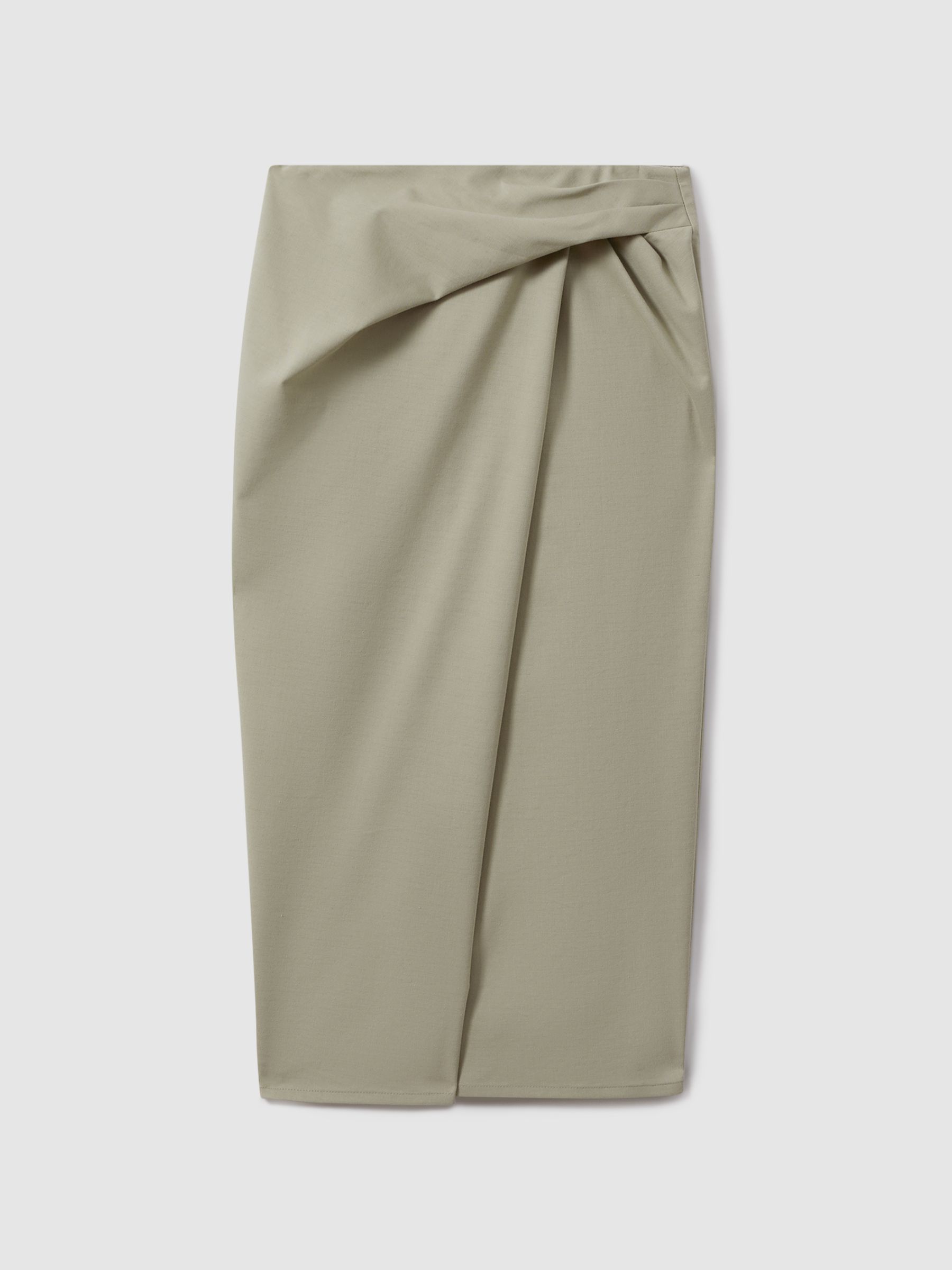 Cotton Blend Wrap Front Midi Skirt in Khaki - Image 2 of 6