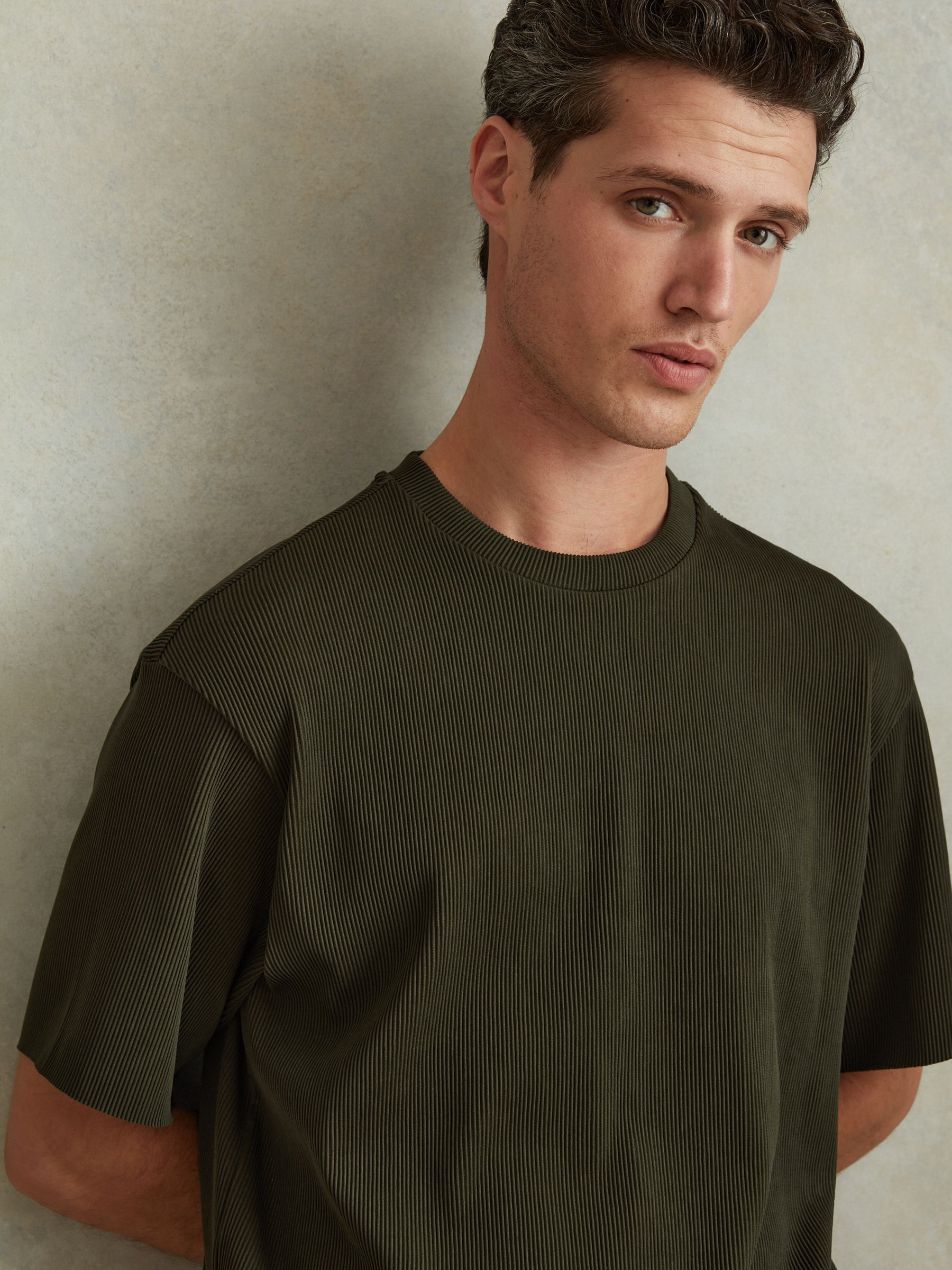 Oversized Ribbed Crew Neck T-Shirt in Green - Image 1 of 5