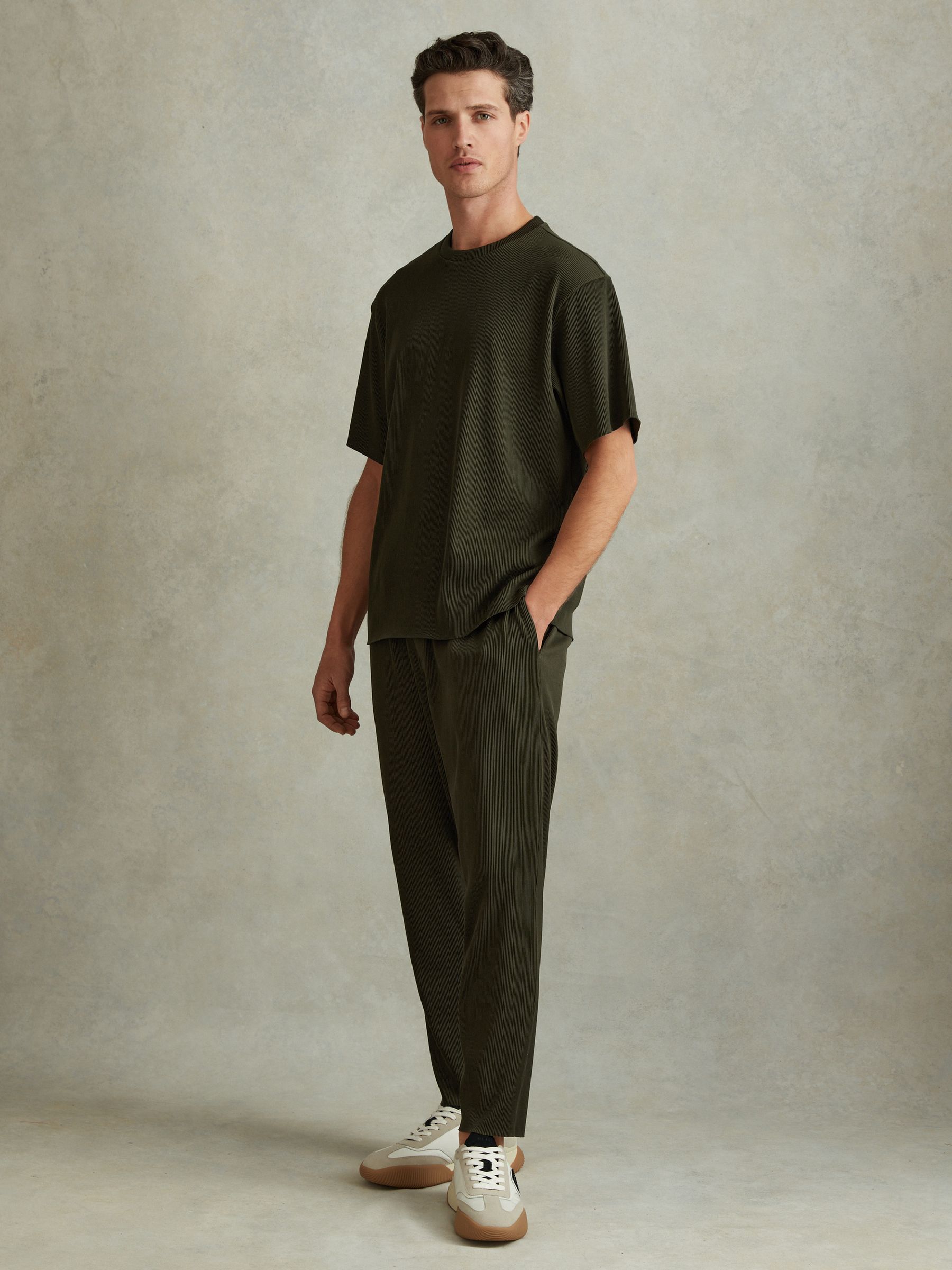 Oversized Ribbed Crew Neck T-Shirt in Green - Image 3 of 5