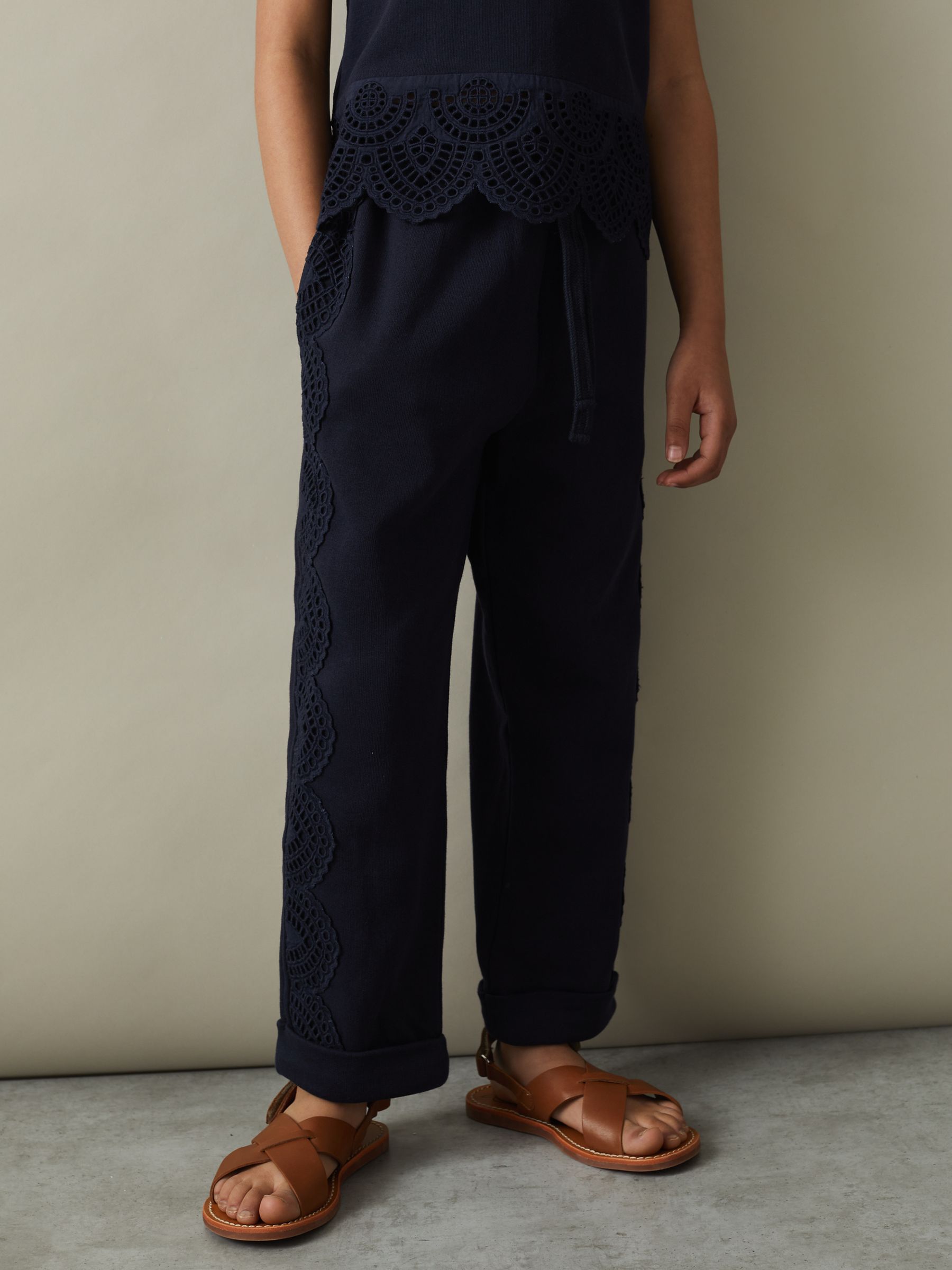 Teen Cotton Broderie Drawstring Trousers Co-Ord in Navy - Image 3 of 5