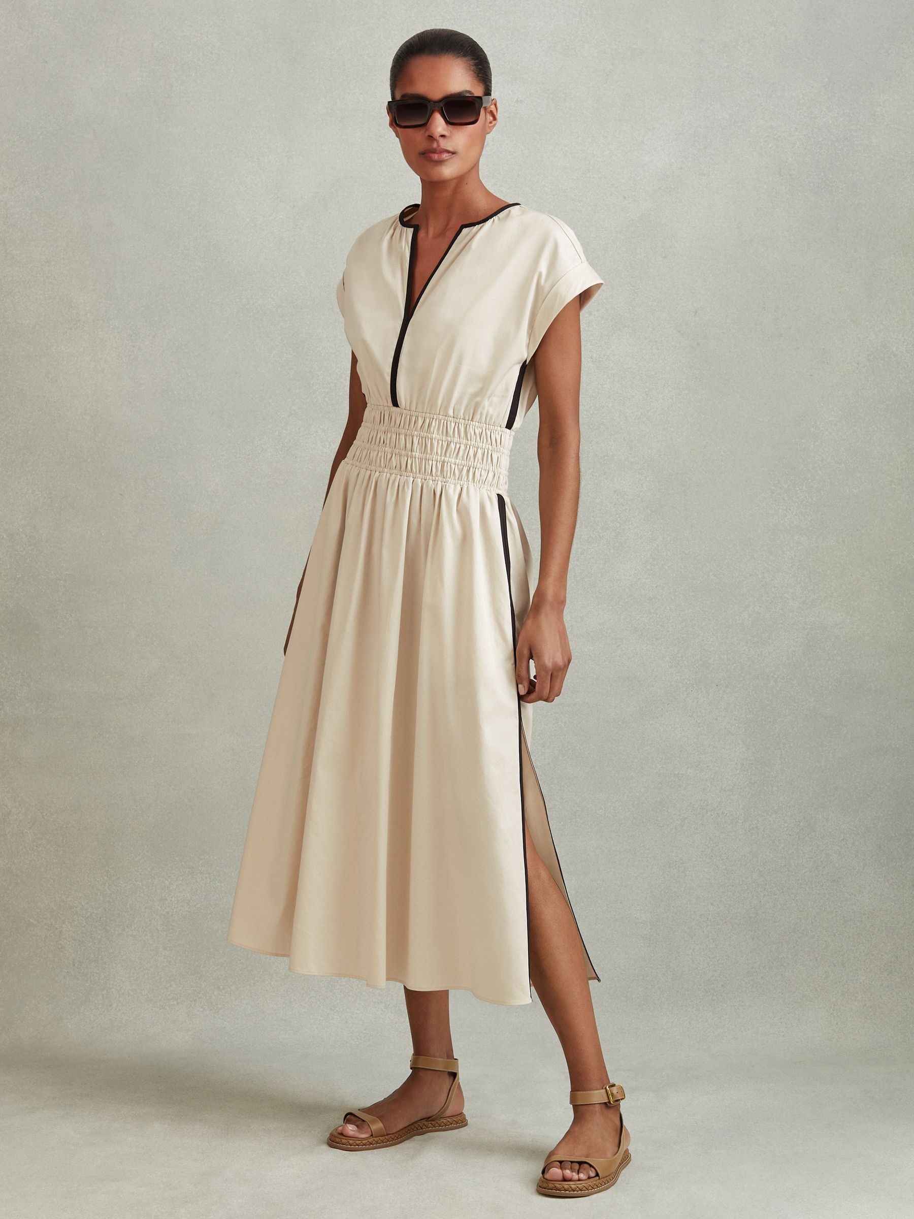 Petite Cotton Ruched Waist Midi Dress in Neutral/Black - Image 1 of 6