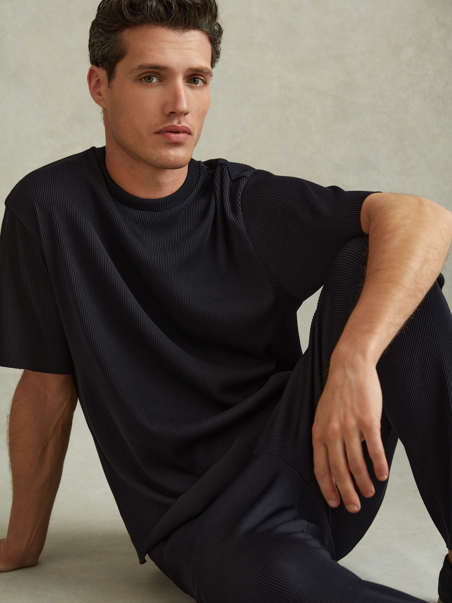 Oversized Ribbed Crew Neck T-Shirt in Navy - Image 1 of 5